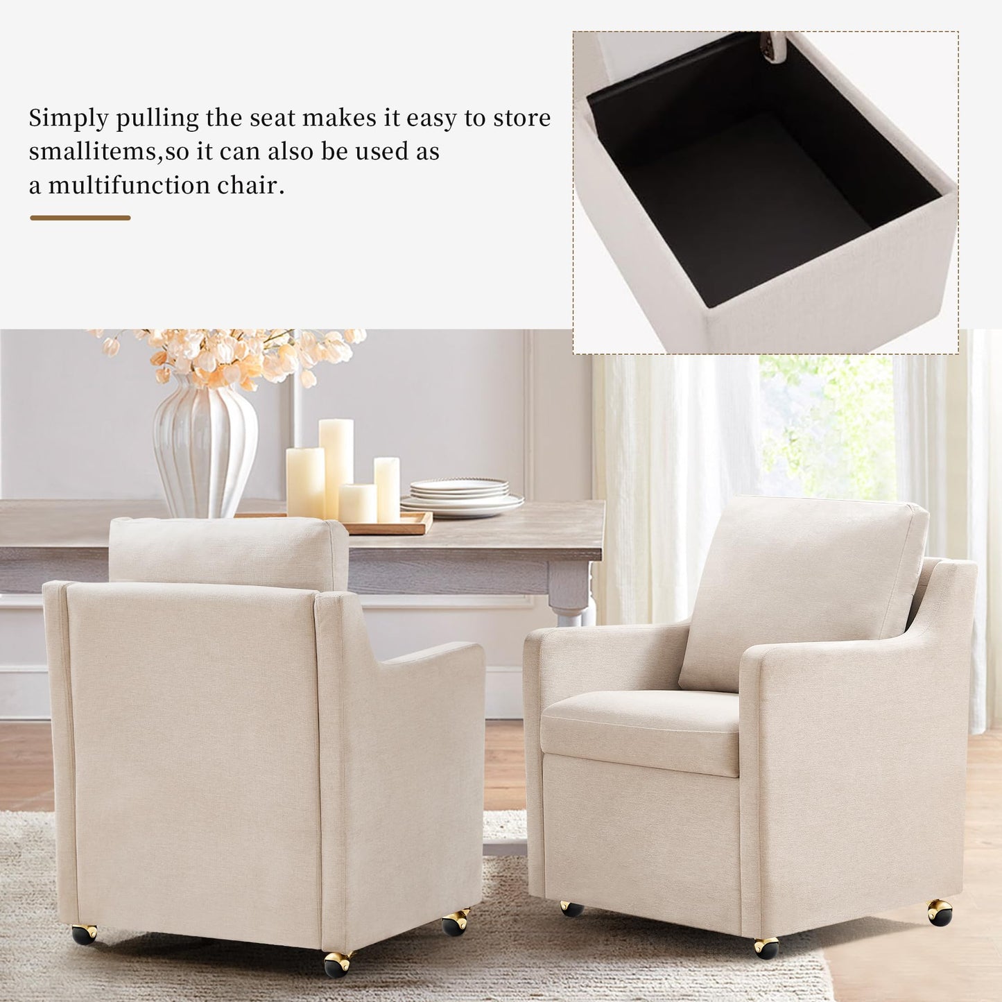 VIKAYAMICS Modern Dining Chair, Linen Upholstered Dining Chairs with Back Pillow and 4 Casters, Accent Armchair for Reading Room Living Room Bedroom