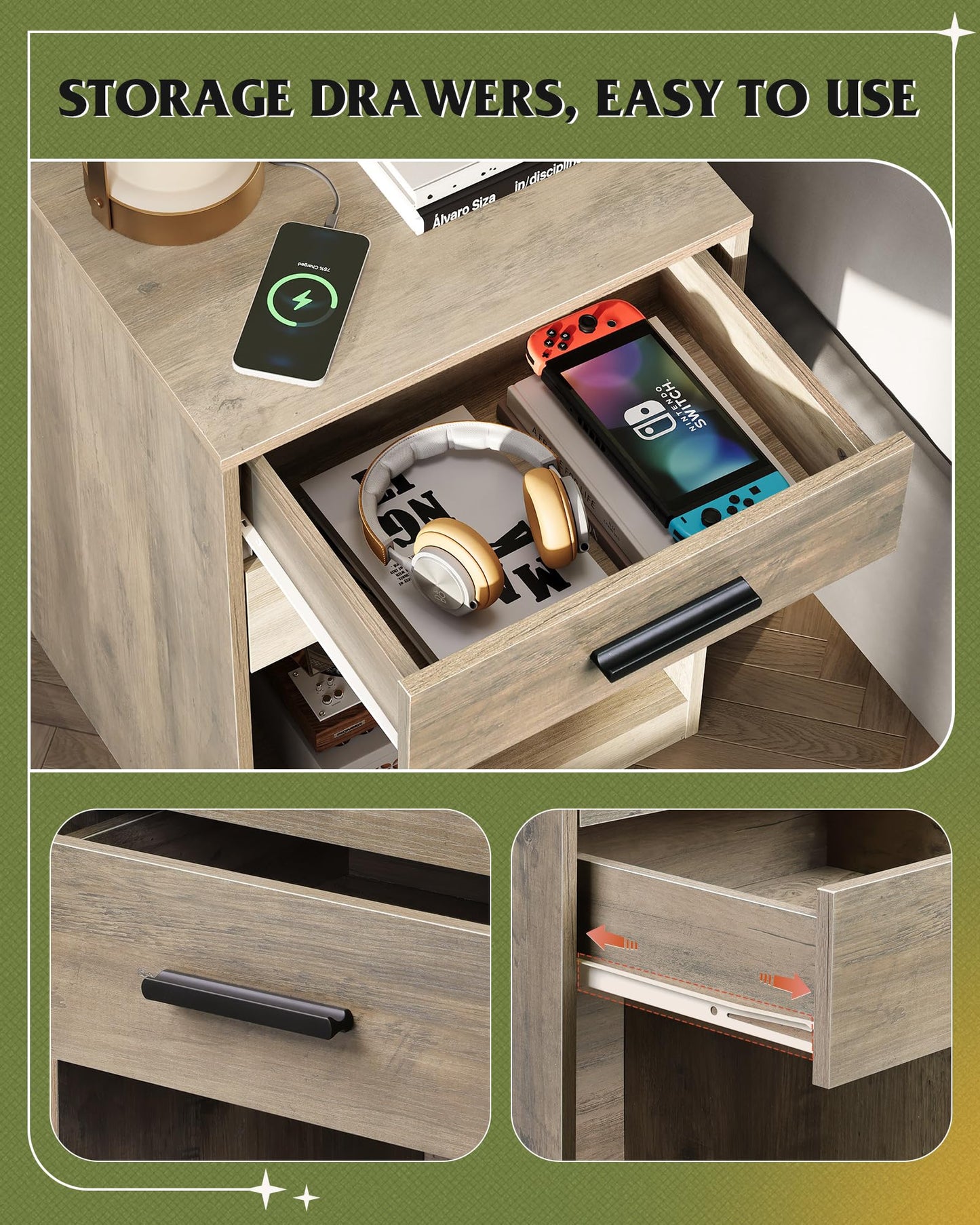 WLIVE Night Stand Set of 2 with Charging Station, Nightstands with Wood Drawers and Open Shelf, Bed Side Tables Living Room, Bedroom, Modern End Table Set 2, Greige