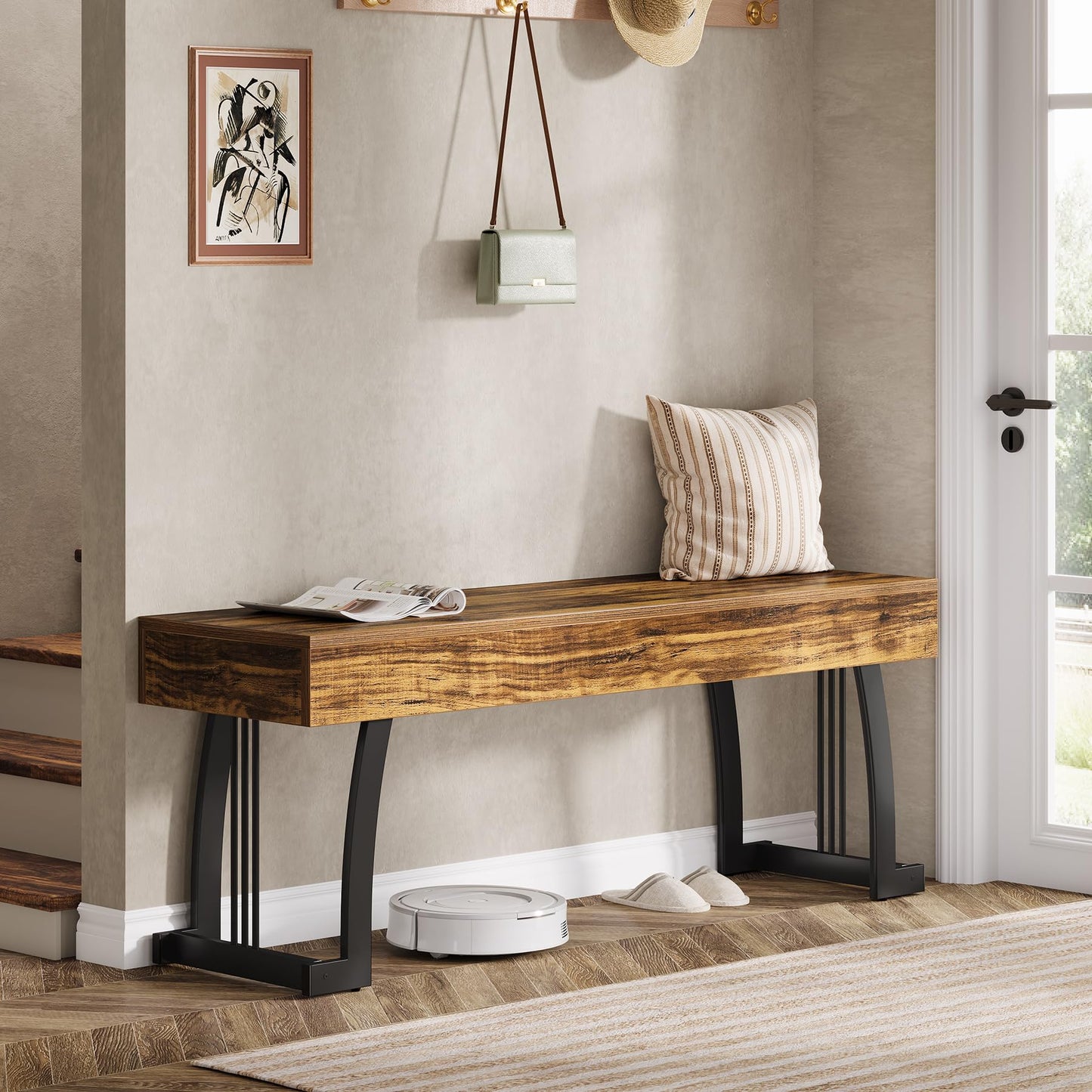 Tribesigns Wooden Entryway Bench, 47.24" Rustic Indoor End of Bed Bench with Sturdy Metal Legs, Long Dining Seat for Dining Room, Bedroom, Entry, Mudroom