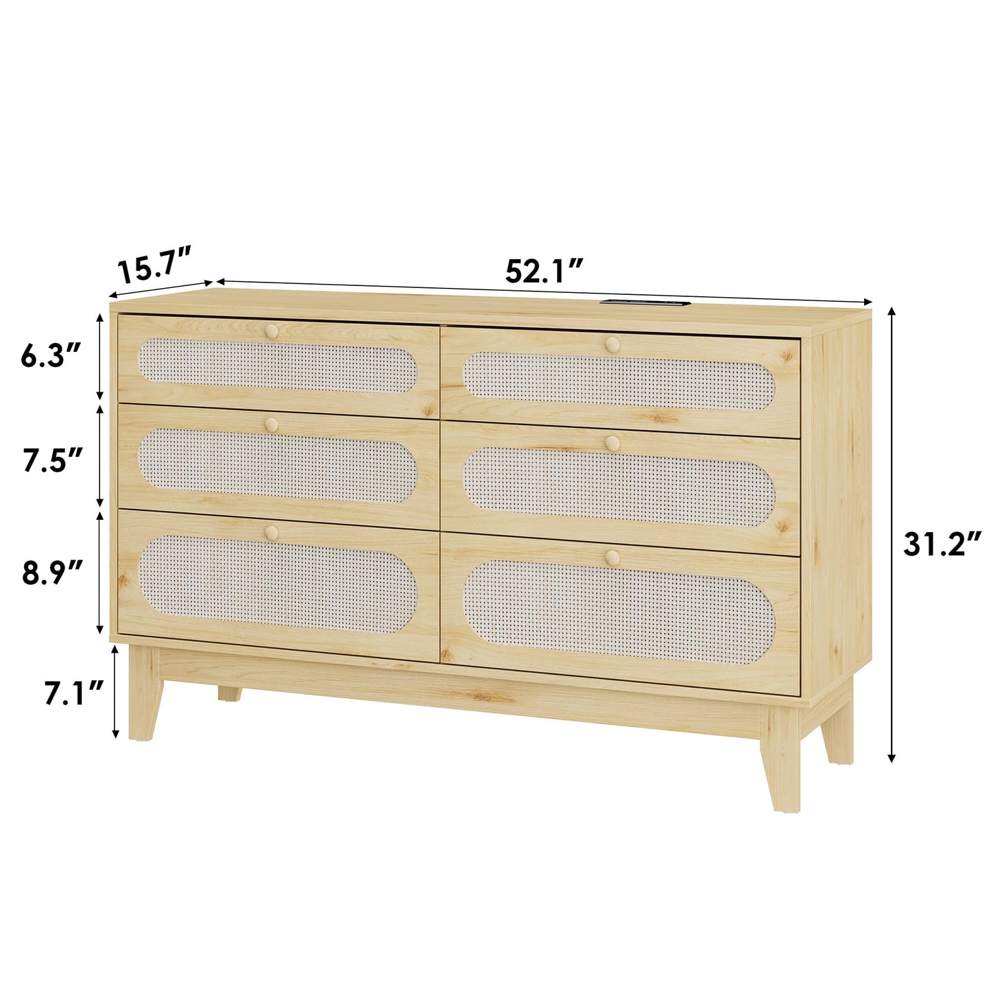 IDEALHOUSE 52.1" Rattan Bedroom Dresser, 6 Drawer Wood Dresser - Frame Feet, Charging Station, Large, Medium and Small Drawers, Natural