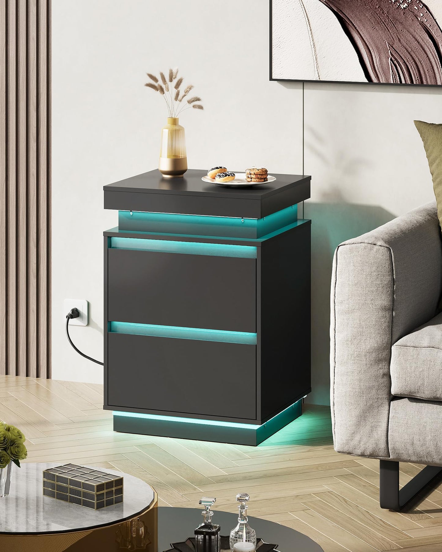 WLIVE Black Nightstand with Charging Station and LED Lights, Bedside Table with 2 Wooden Drawers and Sliding Top, Modern End Table Side Table for Bedroom, Living Room, Office