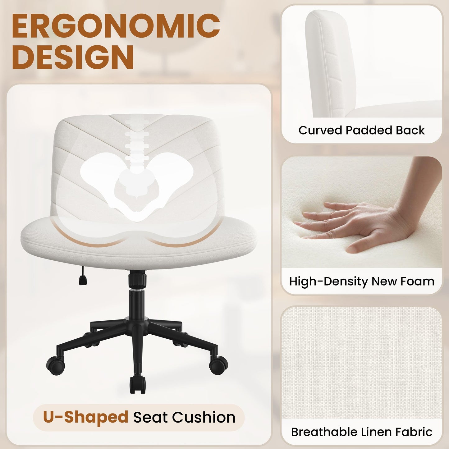 Yaheetech Wide Criss Cross Chair with Wheels, Comfy Armless Cross Legged Office Desk Chairs, Swivel Vanity Chair Computer Chairs for Home Office, Beige