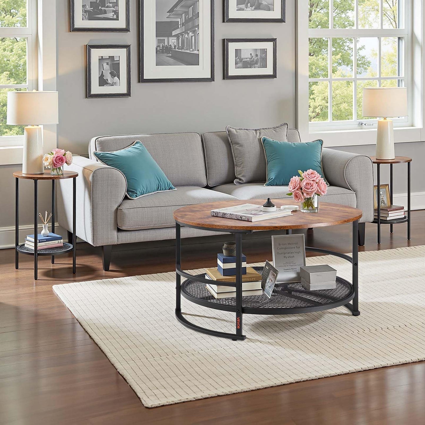 VEVOR 3 Pieces Round Coffee Table Sets, 31.5 in Industrial Living Room Table with 2 End Side Tables, Easy Assembly Coffee and End Tables Sets with Metal Legs, for Office, Living Room and Apartment