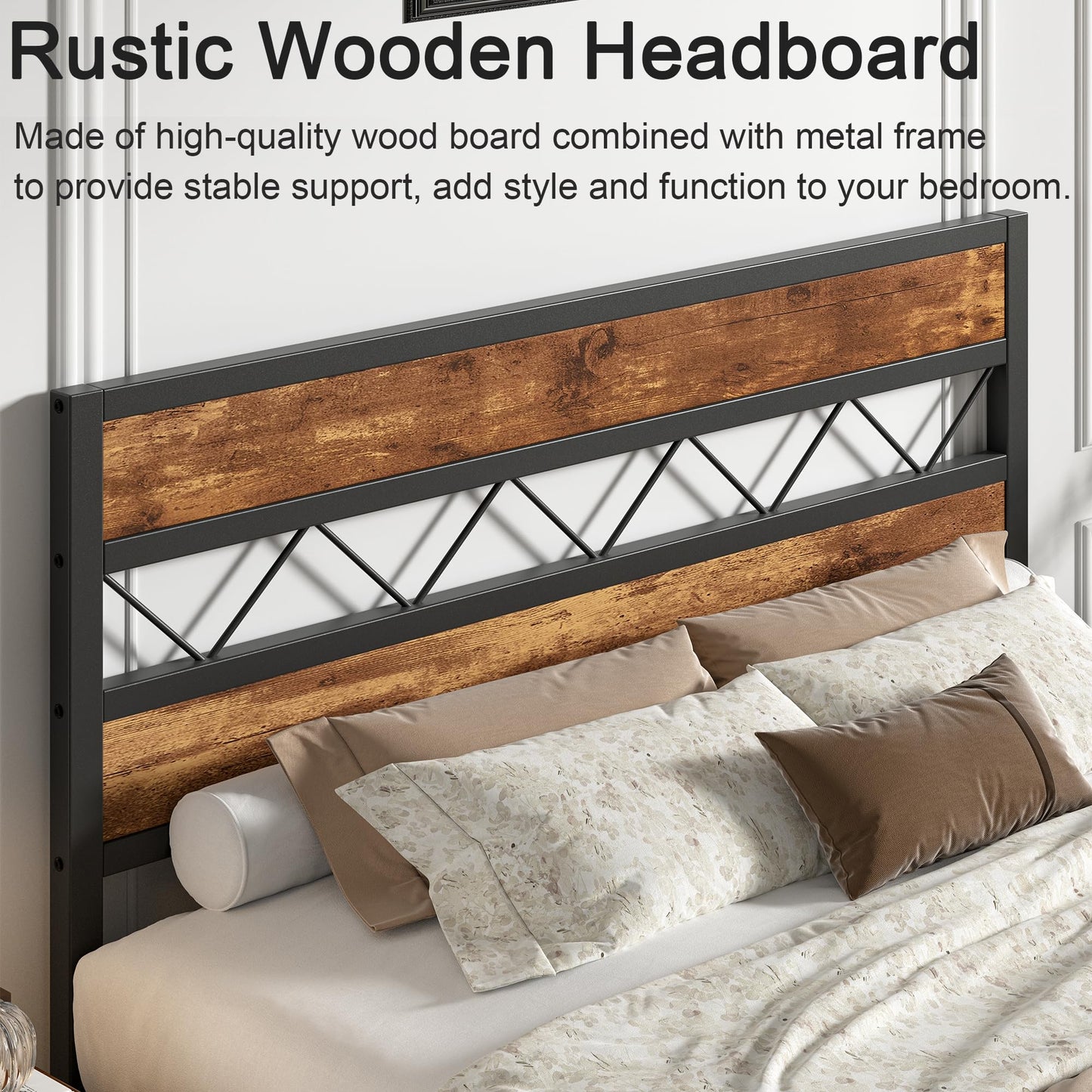 VECELO Full Size Bed Frame with Headboard, Heavy-Duty Platform Bedframe with Metal Slats Support, No Box Spring Needed, Easy Assembly, Black & Brown