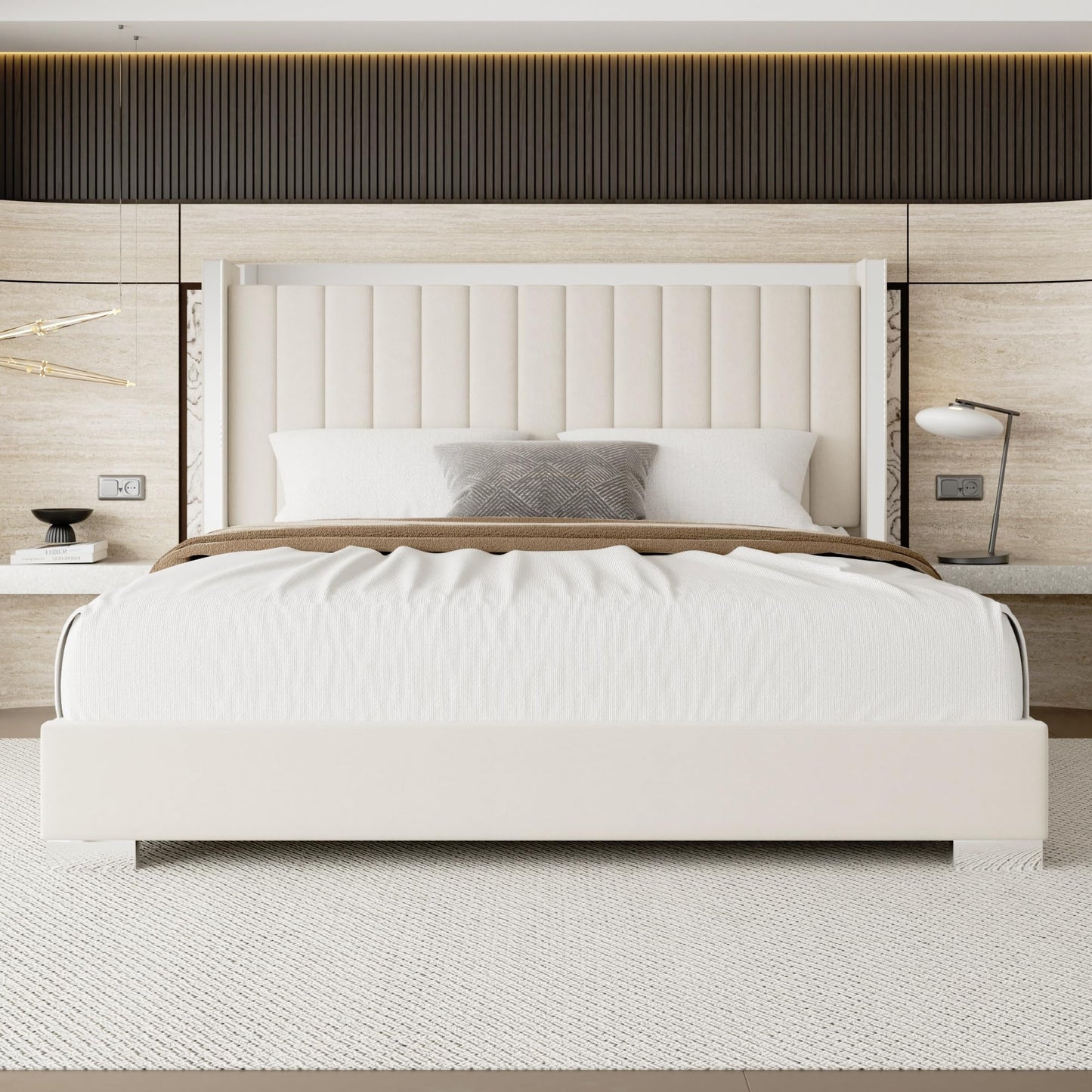 viplov Queen Bed Frame with 57.9" headboard, Tall Wingback Chenille Upholstered Headboard, Low Profile, No Box Spring Needed, Easy Assembly, Noise Free-Beige