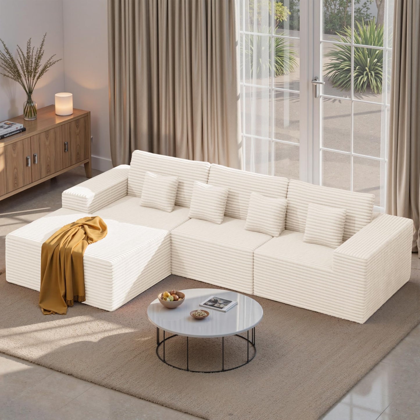 111‘’ Modular Sectional Cloud Couches with L Shaped Chaise, Upholstered Deep Seat Boneless Sofa for Living Room, Bedroom, No Assembly Required-Beige
