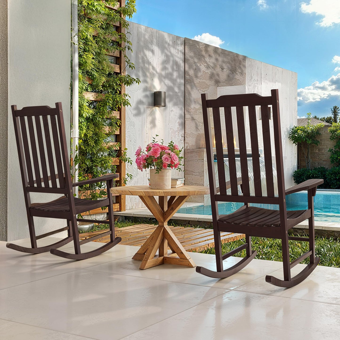Tranquillo Oasis Wooden Rocking Chair for Patio, Porch, or Indoor Use – Classic Acacia Wood Rocker with Sturdy Frame, Comfortable Slatted Seat, Smooth Rocking Motion – Farmhouse Outdoor Chair