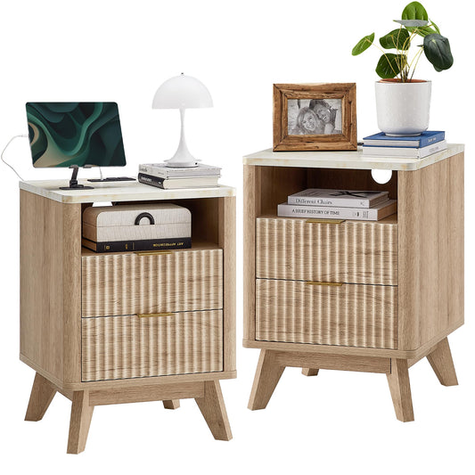 T4TREAM Fluted Nightstand Set of 2 with Charging Station, 18" Modern Side Table with Faux Marble Top, 2 Drawer End Table w/Storage, BedsideTable for Bedroom, Living Room, Curved Profile, Natural Oak