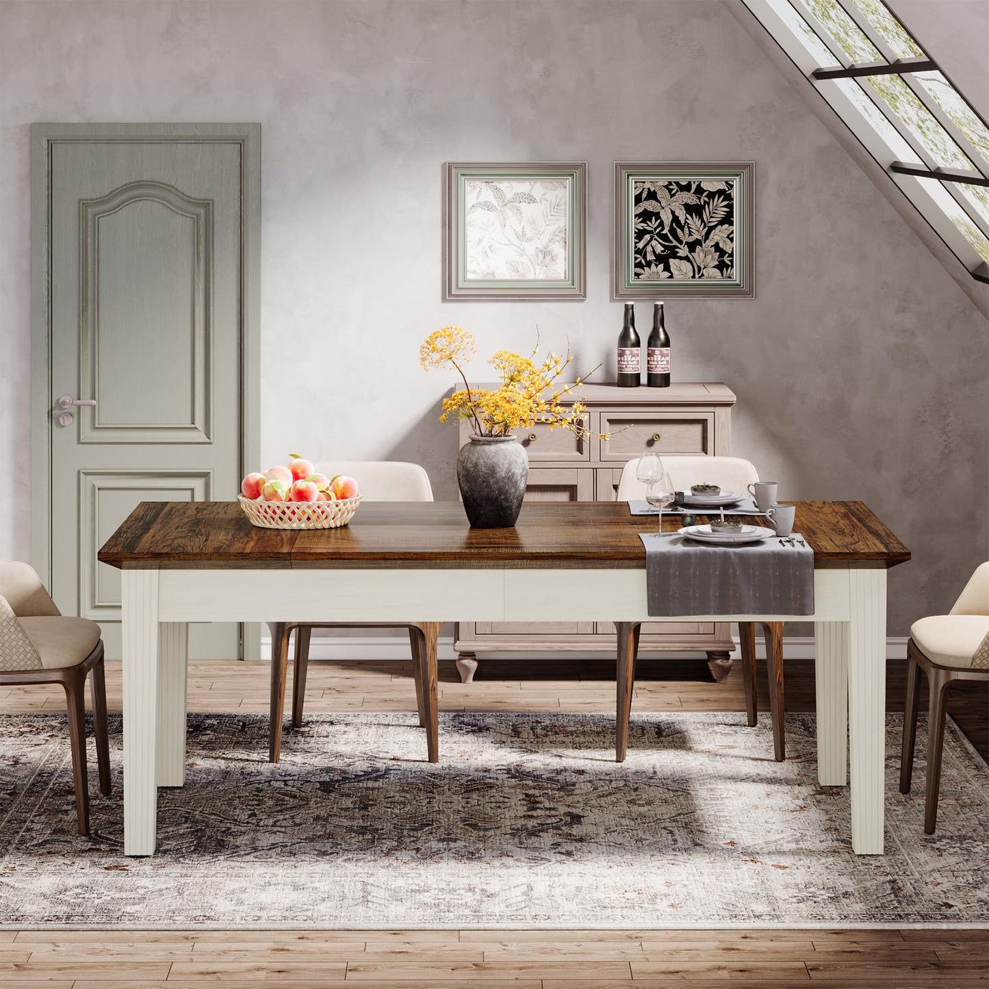 Tribesigns Dining Table for 4-6 People, 62-Inch Rectangular Kitchen Table with Solid Wood Legs, Modern Farmhouse Dinner Table for Dining Room, Kitchen, Living Room, Rustic Brown & Cream White