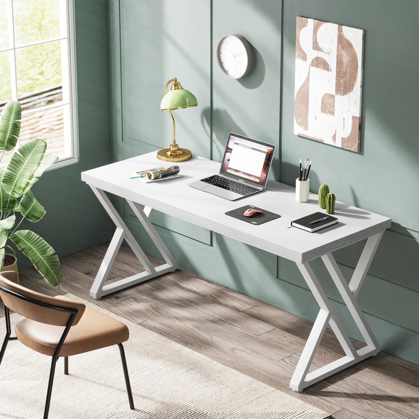 Tribesigns Writing Computer Desk, 55 inch Heavy Duty Study Desk with Z-Shaped Metal Leg, Modern Simple Home Office Computer Desk, White