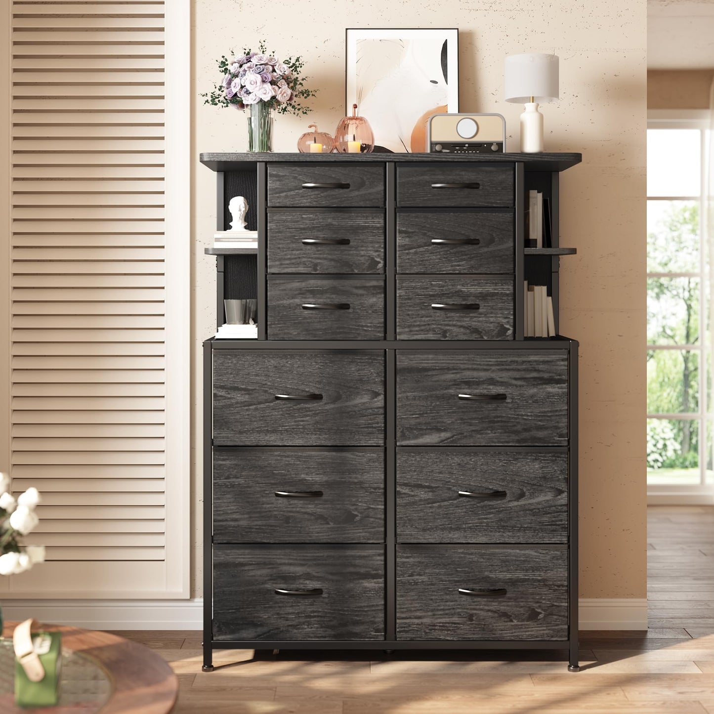 EnHomee Tall Dressers for Bedroom with LED Lights and 12 Drawers Dresser for Bedroom with Open Shelves, Fabric Dressers & Chests of Drawers, Metal Frame, Black, 45.2" H x 35.4" W x 11.8" D
