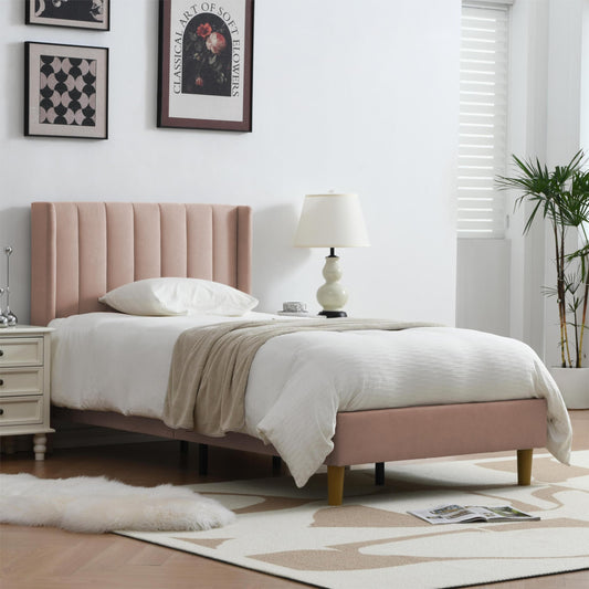 YUHUASHI Twin Size Bed Frame, Upholstered Bed Frame with Modern Geometric Wingback Headboard, Linen Fabric, Platform Bed Frame with Wooden Slats, Easy to Assemble and Noiseless (Beige, Twin)