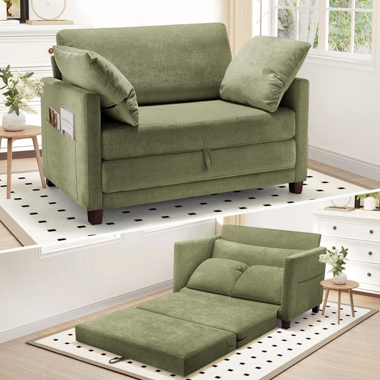 51" Convertible Loveseat Sofa Bed, 2 in1 Folding Sofa Bed, Loveseat Sleeper Sofa for Small Spaces, Fold Out Floor Couch with 2 Pillows for Apartment, Living Room & Guest Room, Green Chenille Fabric