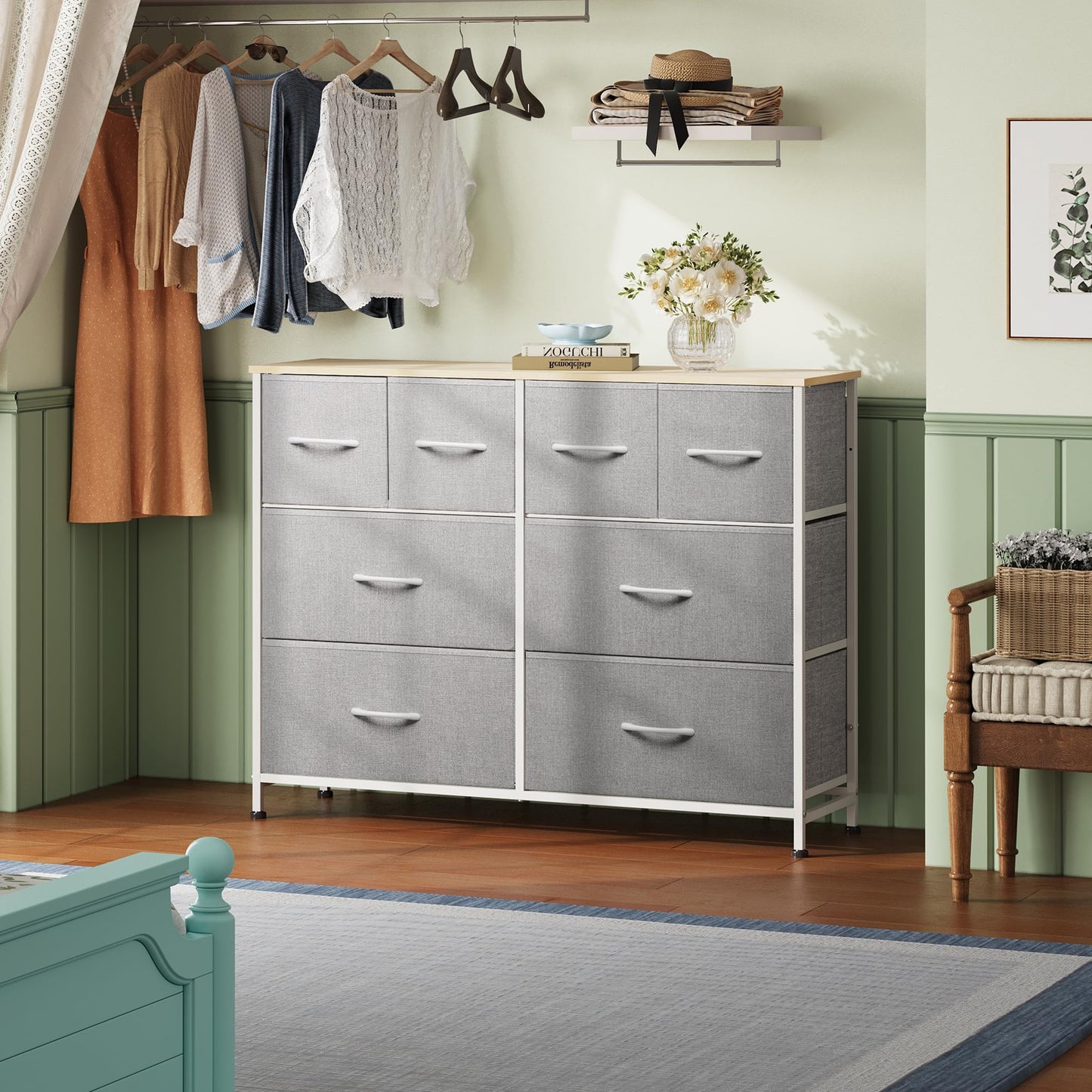 WLIVE 8 Drawer Dresser for Bedroom, Wide Fabric Dresser Storage Organizer, Chest of Drawers with Wood Top, Sturdy Steel Frame, Dressers for Living Room, Closet, Hallway, Light Grey