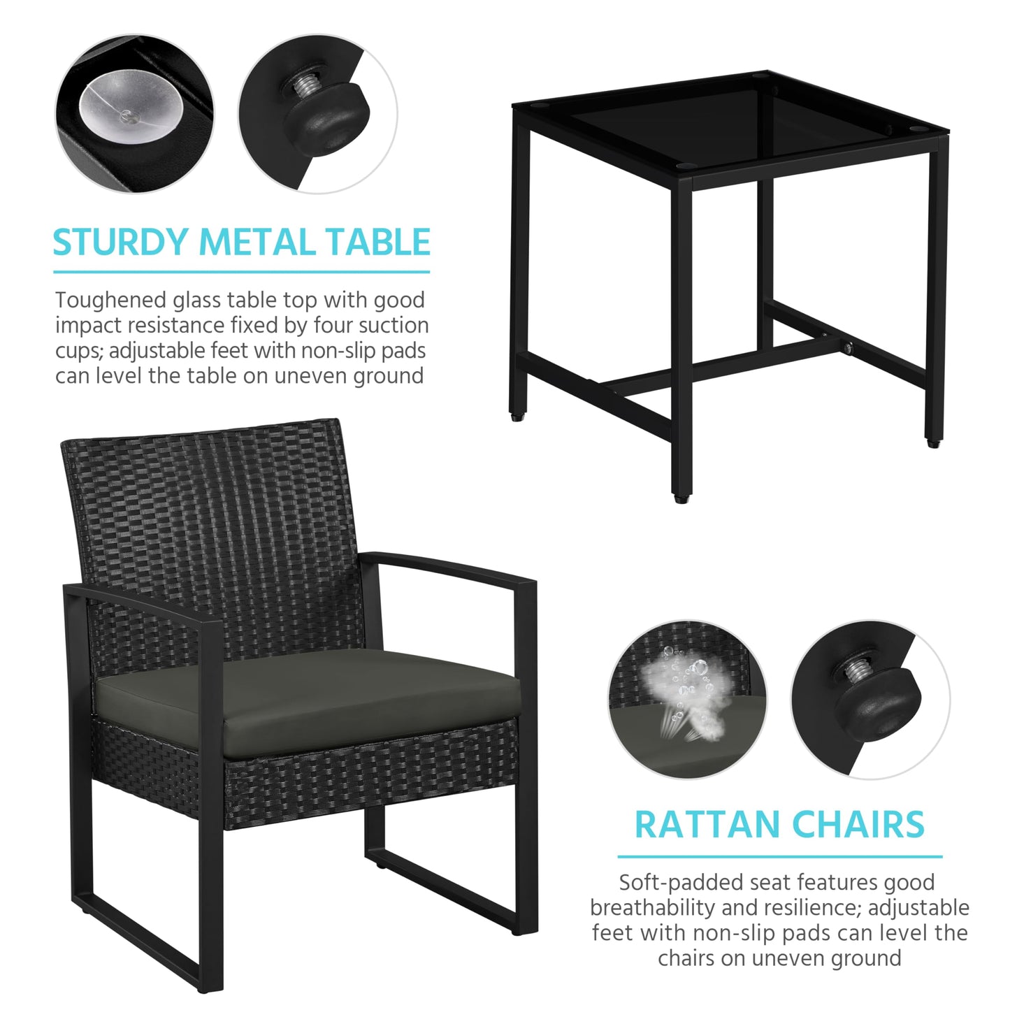 Yaheetech 3 Pieces Rattan Bistro Set, Indoor/Outdoor Wicker Patio Modern Conversation Furniture, 2 Chairs & Tempered Glass Coffee Table for Garden, Balcony, Backyard, Poolside, Black/Gray