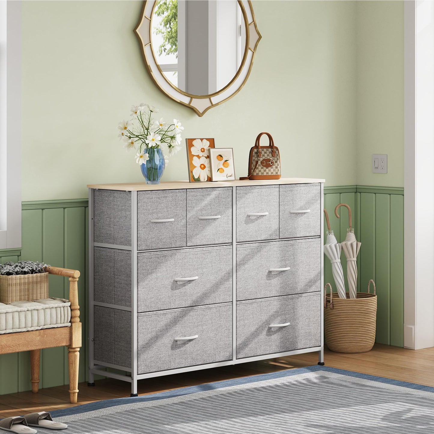 WLIVE 8 Drawer Dresser for Bedroom, Wide Fabric Dresser Storage Organizer, Chest of Drawers with Wood Top, Sturdy Steel Frame, Dressers for Living Room, Closet, Hallway, Light Grey