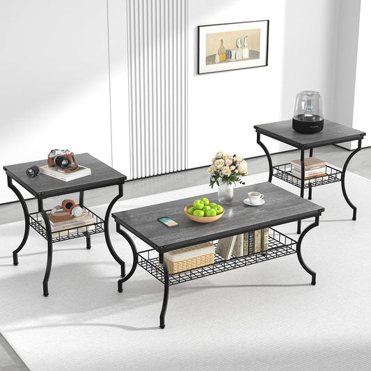 VECELO 3 Pieces Living Room Table Sets, Coffee and End Tables with Open Storage Shelves for Apartment, Home Office, Small Space, Easy Assembly, Dark Grey