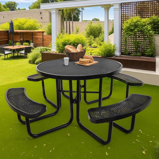 46" Round Top Outdoor Picnic Table Set for Up to 8 Persons, Outside Table Set with 4 Built-in Benches, Metal Commercial-Grade Dining Furniture with Umbrella Hole for Garden, Backyard, Porch, Patio