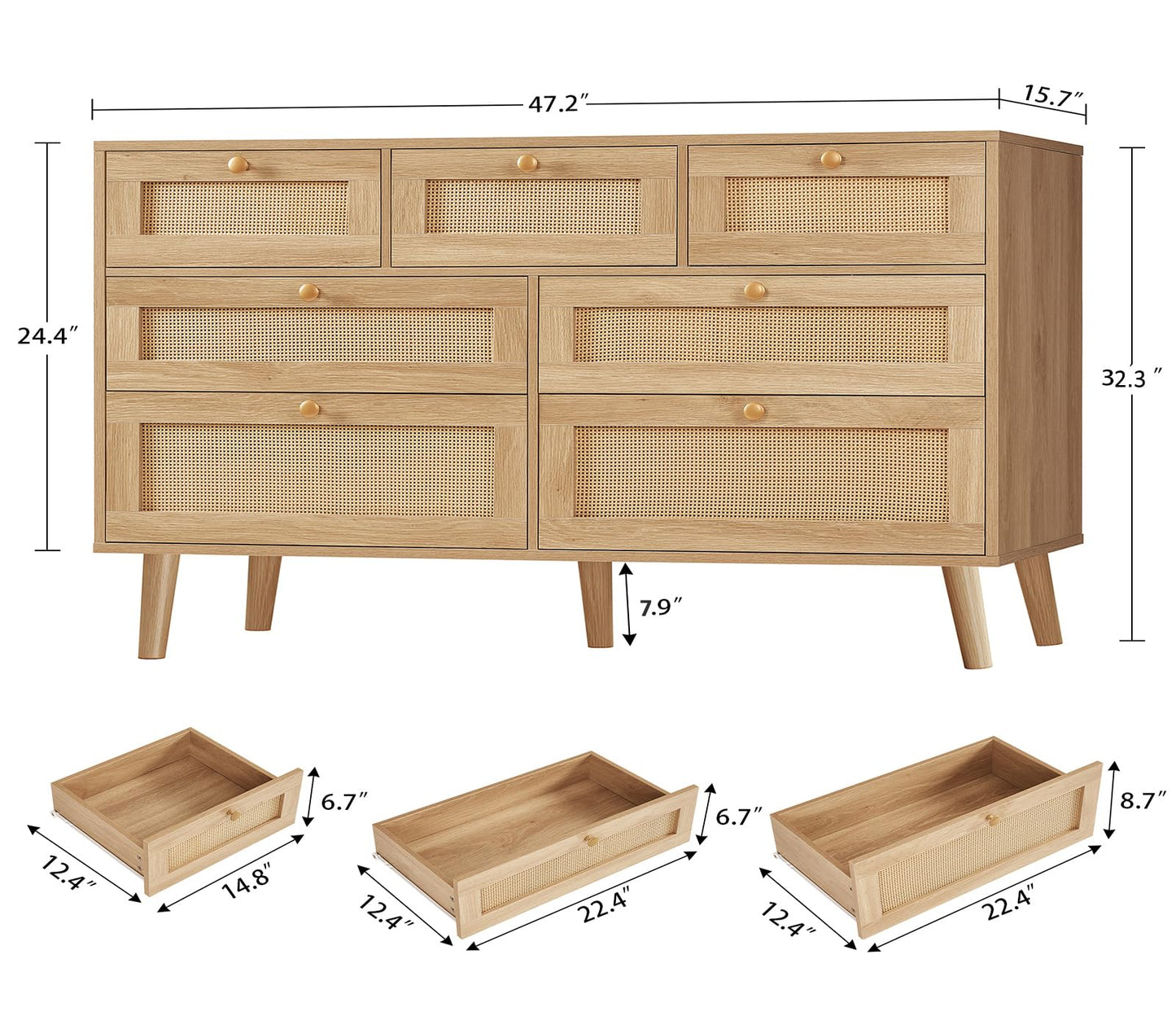 TEENFON 47.2''Wide 7 Drawer Rattan Dresser, Boho Dresser for Bedroom, Chest of Drawers, Closet Organizer, Natural Wood Dressers Chest for Bedroom, Living Room, Entryway, Natural