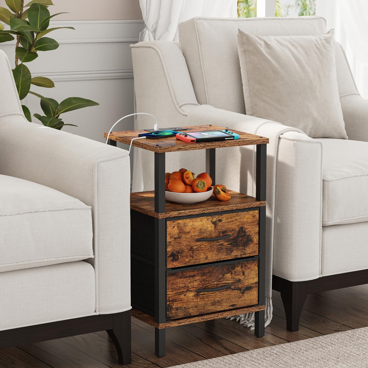 TUTOTAK End Table with Charging Station, Side Table with 2 USB Ports and Outlets, Nightstand with Cloth Drawer, Set of 2, Couch Table, Brown TB01BB067