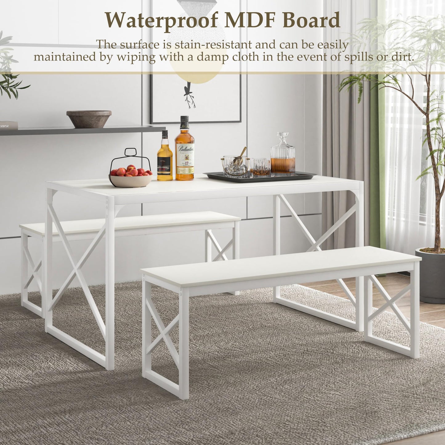 VECELO Kitchen Dining Table Set for 4, 55" Wood Rectangle Dinette with 2 Benches, Heavy-Duty Metal Frame for Small Space, Breakfast Nook, White