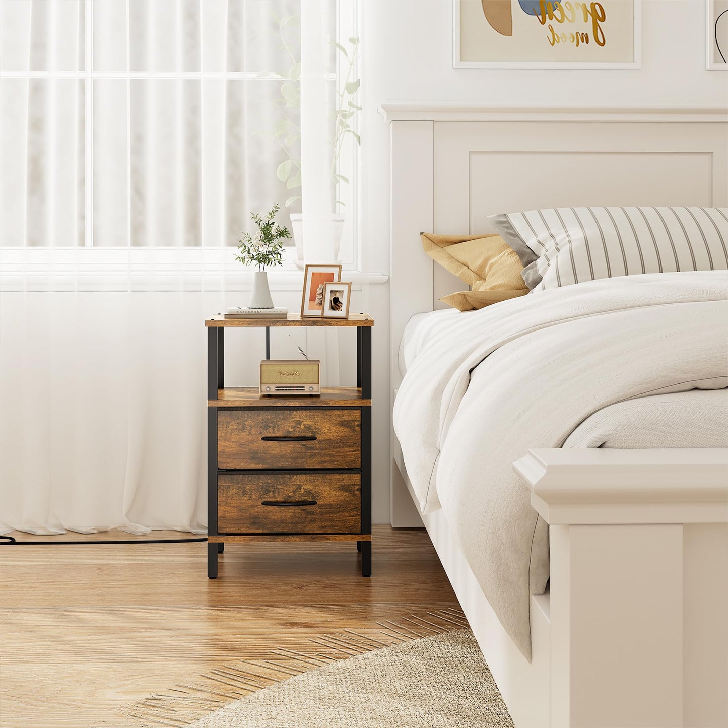 TUTOTAK End Table with Charging Station, Side Table with 2 USB Ports and Outlets, Nightstand with Cloth Drawer, Set of 2, Couch Table, Brown TB01BB067