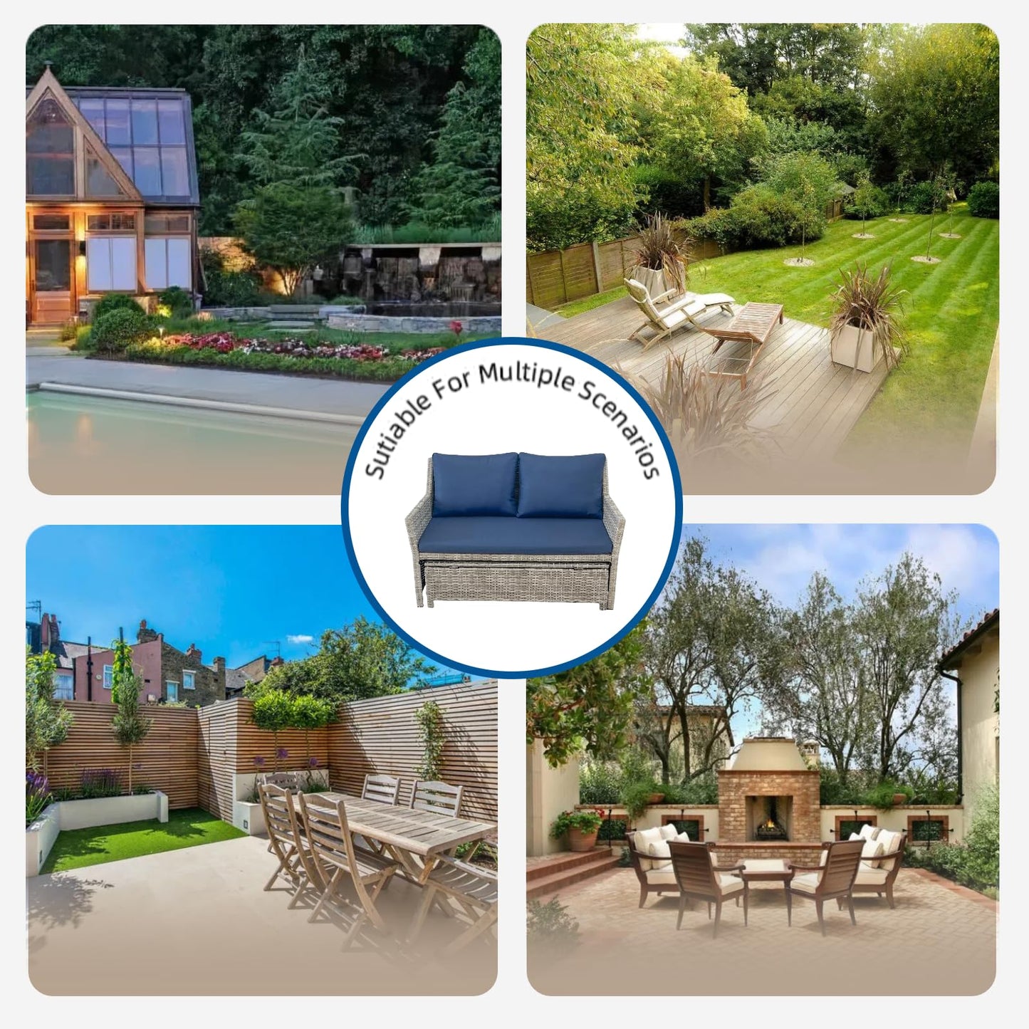 2 Piece Patio Sofa, Outdoor Patio Loveseat with Built-in Storage Bin, Wicker Couch with Coffee Table, for Balcony,Porch,Pool (Grey-Blue)