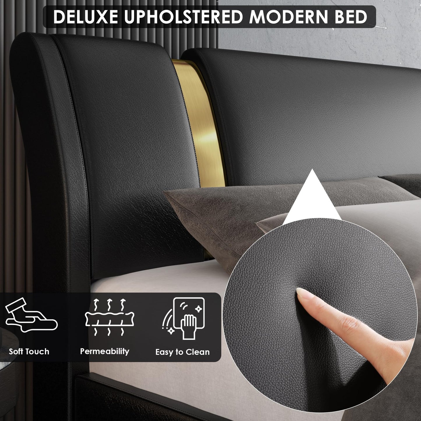 TTVIEW Modern Faux Leather Upholstered Platform Bed Frame with Golden Iron Metal Decor, Adjustable Curved Headboard, Wooden Slats Support, No Box Spring Needed, Queen Size, Black