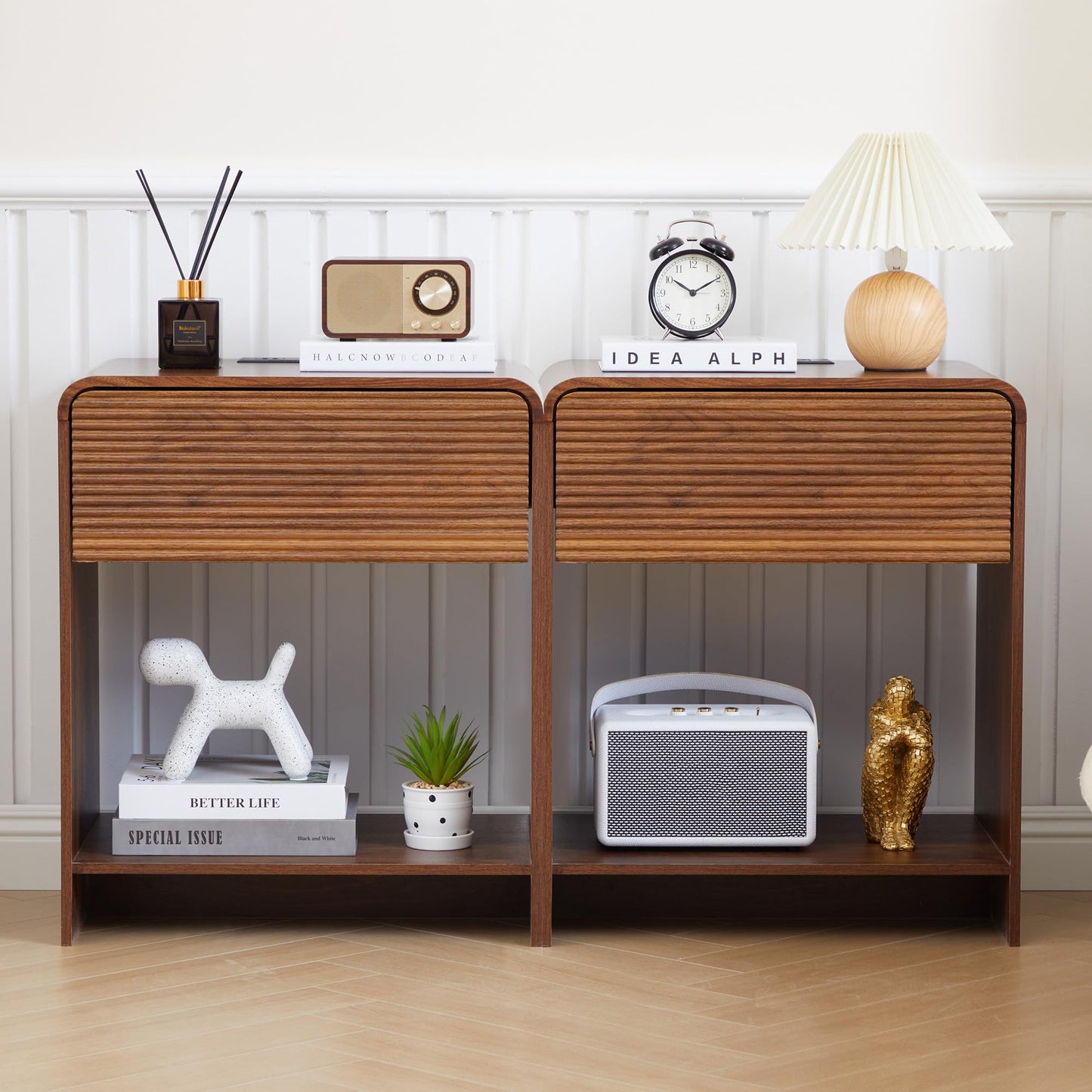 XUZENEST Fluted Nightstand Set of 2 with Charging Station, Modern Bed Side Table End Table with Drawer Storage, Large Wooden Night Stands Bedside for Bedroom Living Room Sofa Office, Walnut 2 Sets