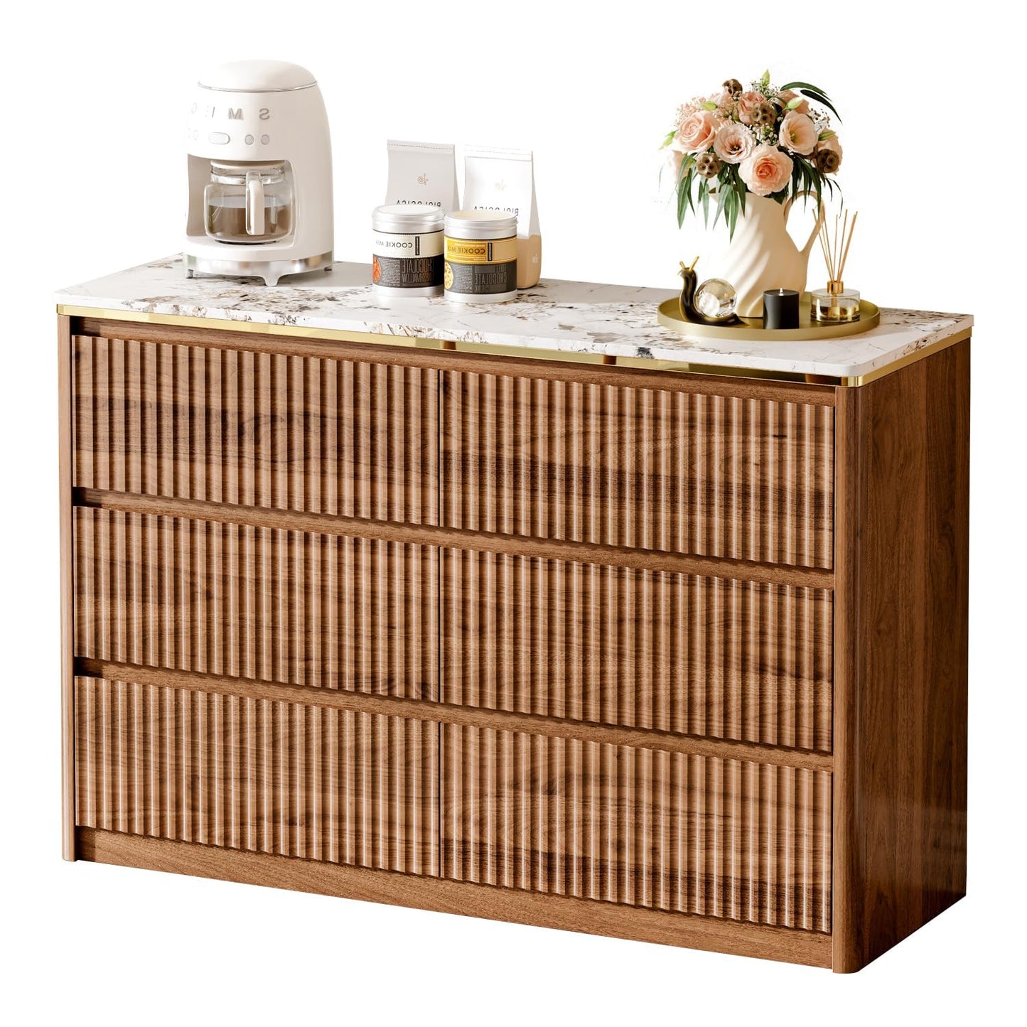 Ieejdn Fluted Dresser for Bedroom with 6 Drawers, 47.2" Modern Chest of Drawers with Faux Marble Top, Curved Profile Design,Dresser TV Stand, Wood Drawer Organizer for Living Room, Hallway, Walnut