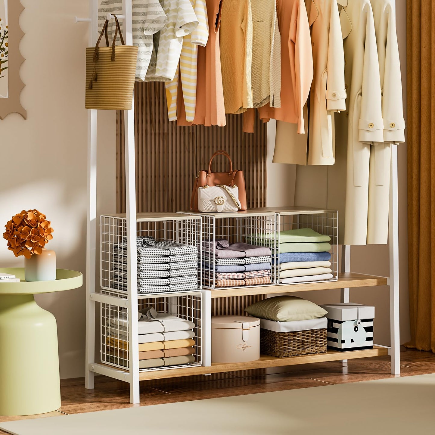 3PCS Stackable Closet Organizers and Storage, Closet Shelves with Wood Top Extra Storage, Clothes Storage Organizer Basket Bin/Cube for Home Wardrobe Organization(White-Sturdy Metal) Patent Pending