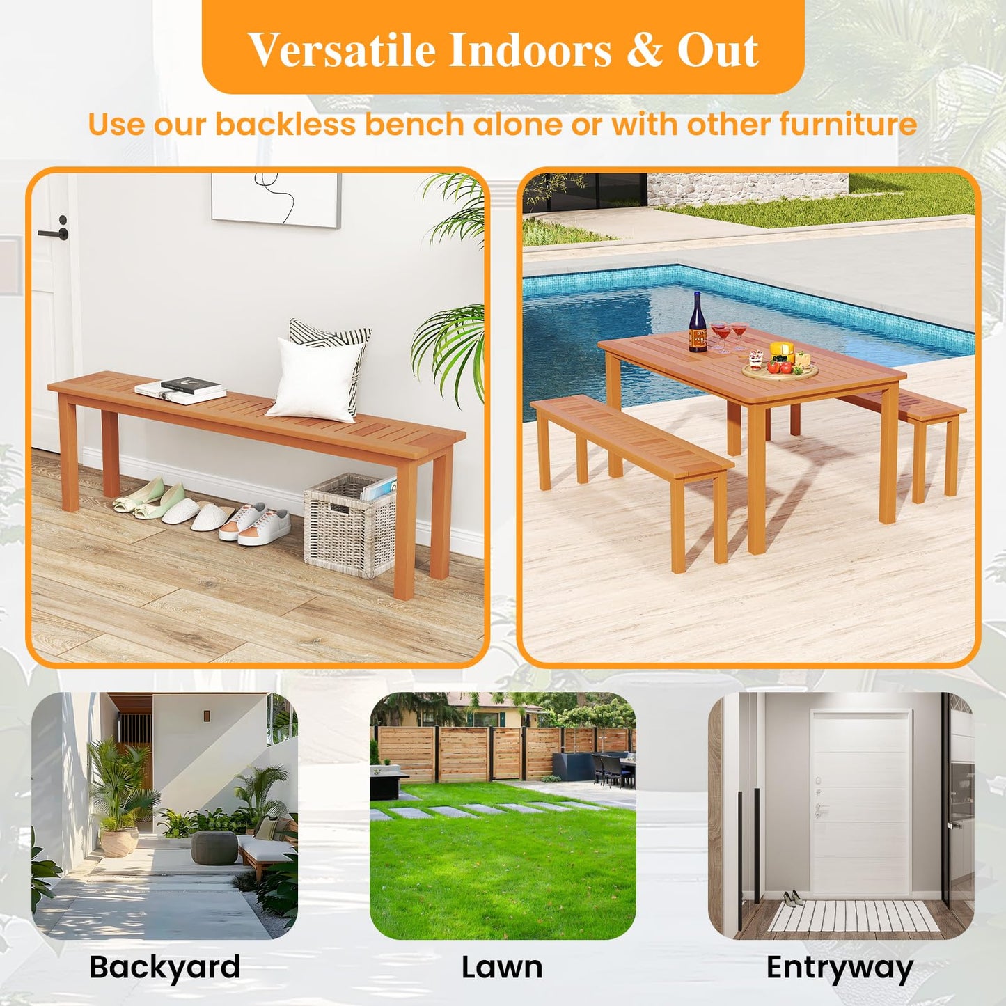 Tangkula Outdoor Wood Bench, 59” Long Patio Dining Bench Set of 2, Backless Wooden Bench with Teak Oil Finish & Slat Seat, Accent Entryway Bench, Farmhouse Bench for Yard, Garden, Porch, Indoors