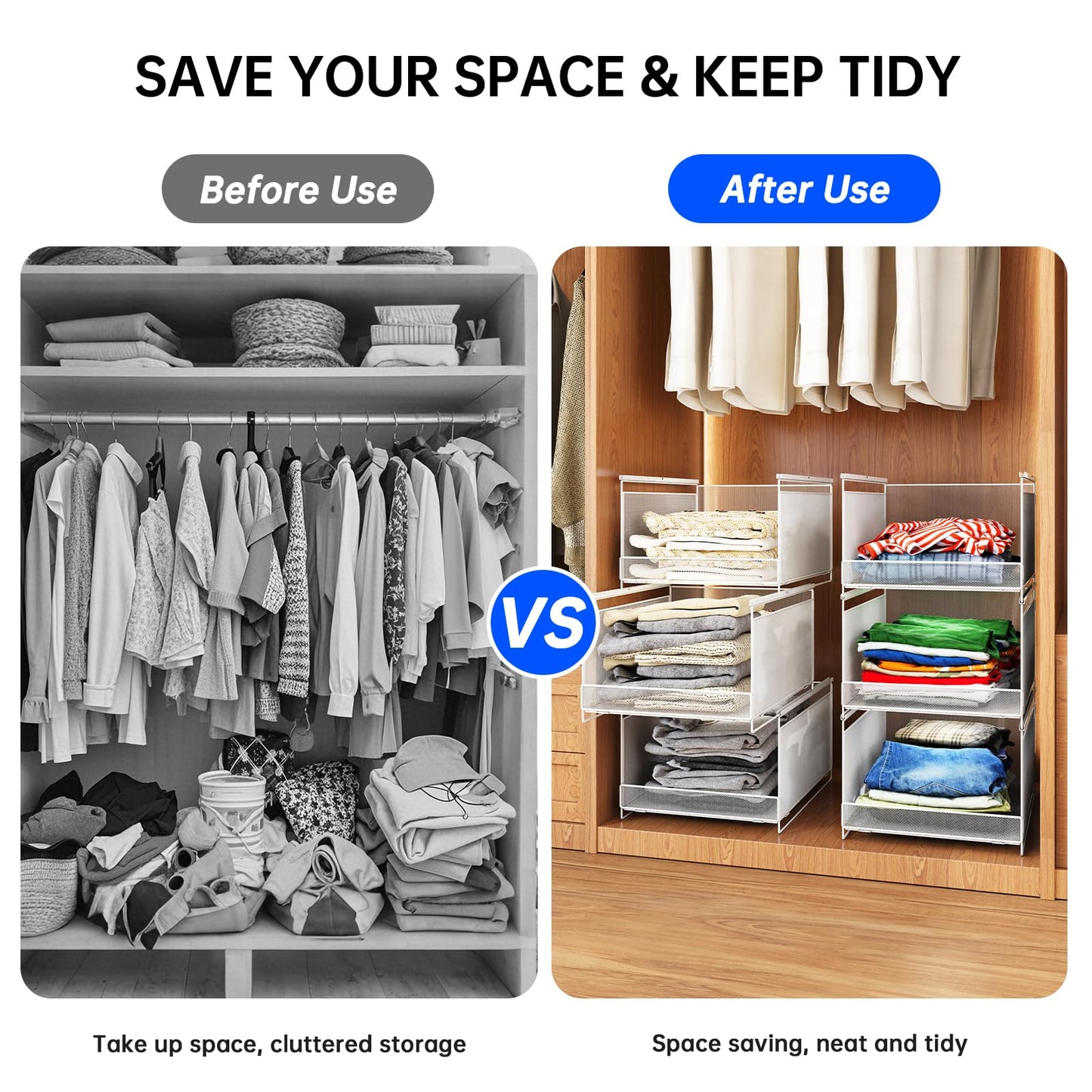 WOCUBEHOME 3-Tier Stackable Metal Closet Organizers and Storage Drawers, Open Front Storage Bins for Wardrobe, RV, Sweater, Jeans, White, 3xM(16.5" D x 12.2" W x 6.6" H)