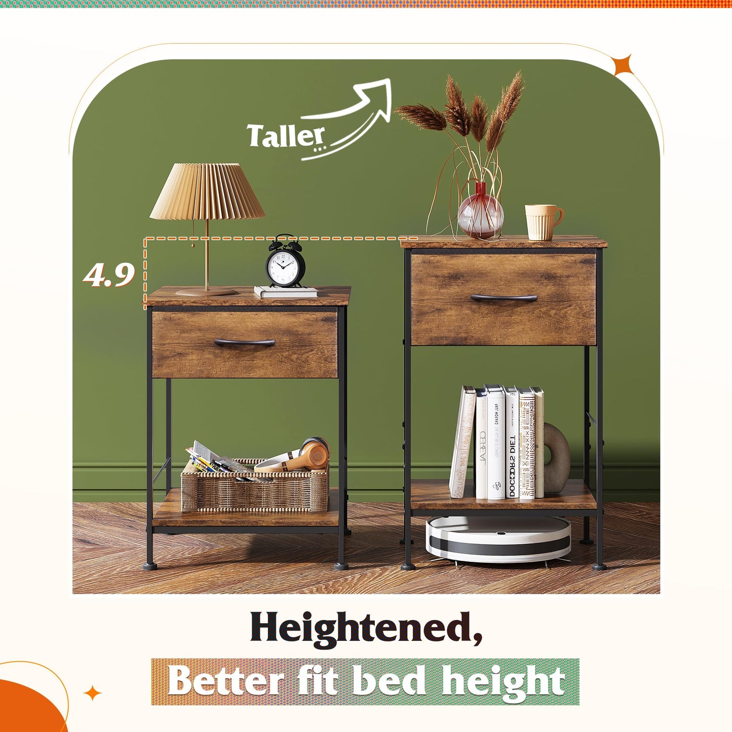 WLIVE Nightstand Set of 2, End Table with Fabric Storage Drawer and Open Wood Shelf, Bedside Furniture with Steel Frame, Side Table for Bedroom, Dorm, Rustic Brown Wood Grain Print, 25.03" Height