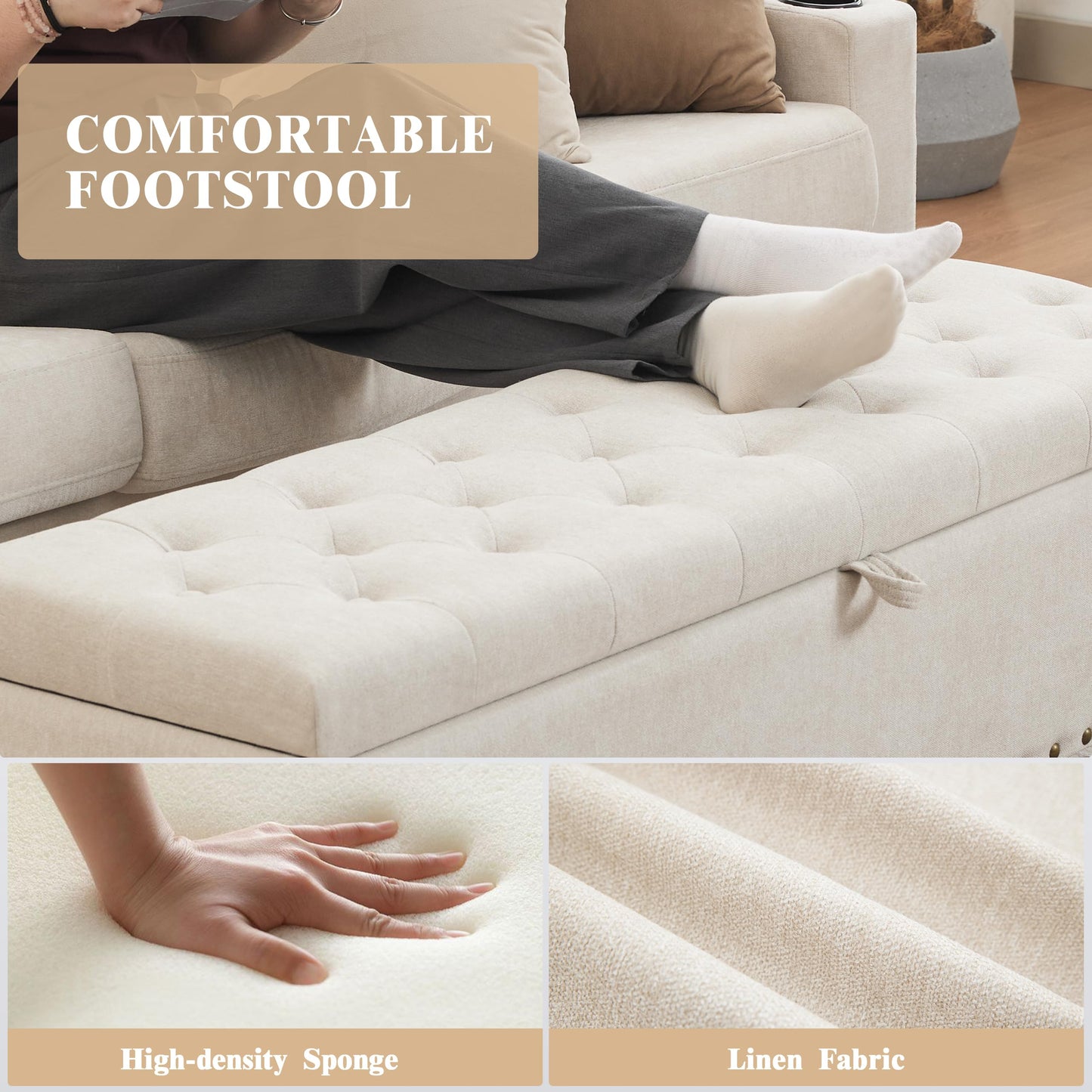 Mangodan51” Linen End of Bed Storage Bench, Tufetd Upholstered Storage Ottoman Bench with Safety Hinge, 330 lb Large Ottoman with Storages for Living Room, Entryway & Bedroom, Window Benches, Beige