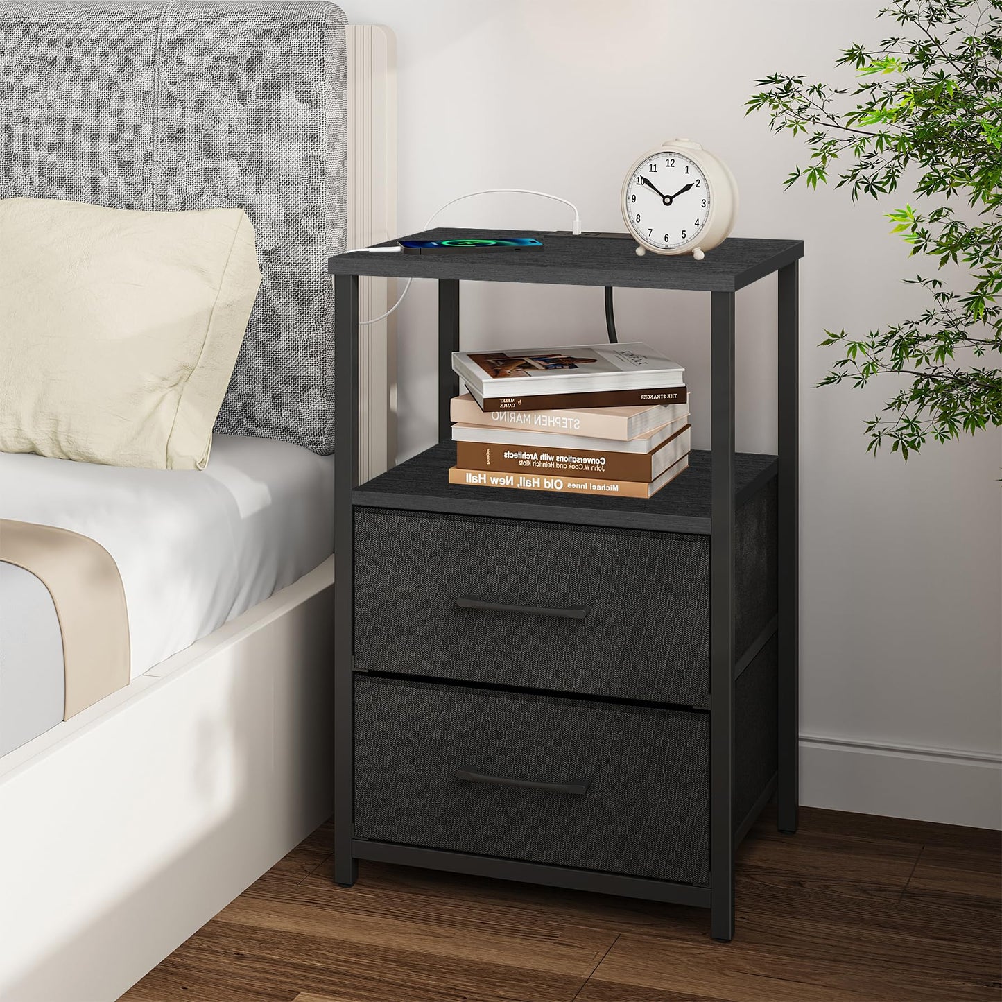 TUTOTAK End Table with Charging Station, Side Table with 2 USB Ports and Outlets, Nightstand with Cloth Drawer, Set of 2, Couch Table, Black TB01BK052