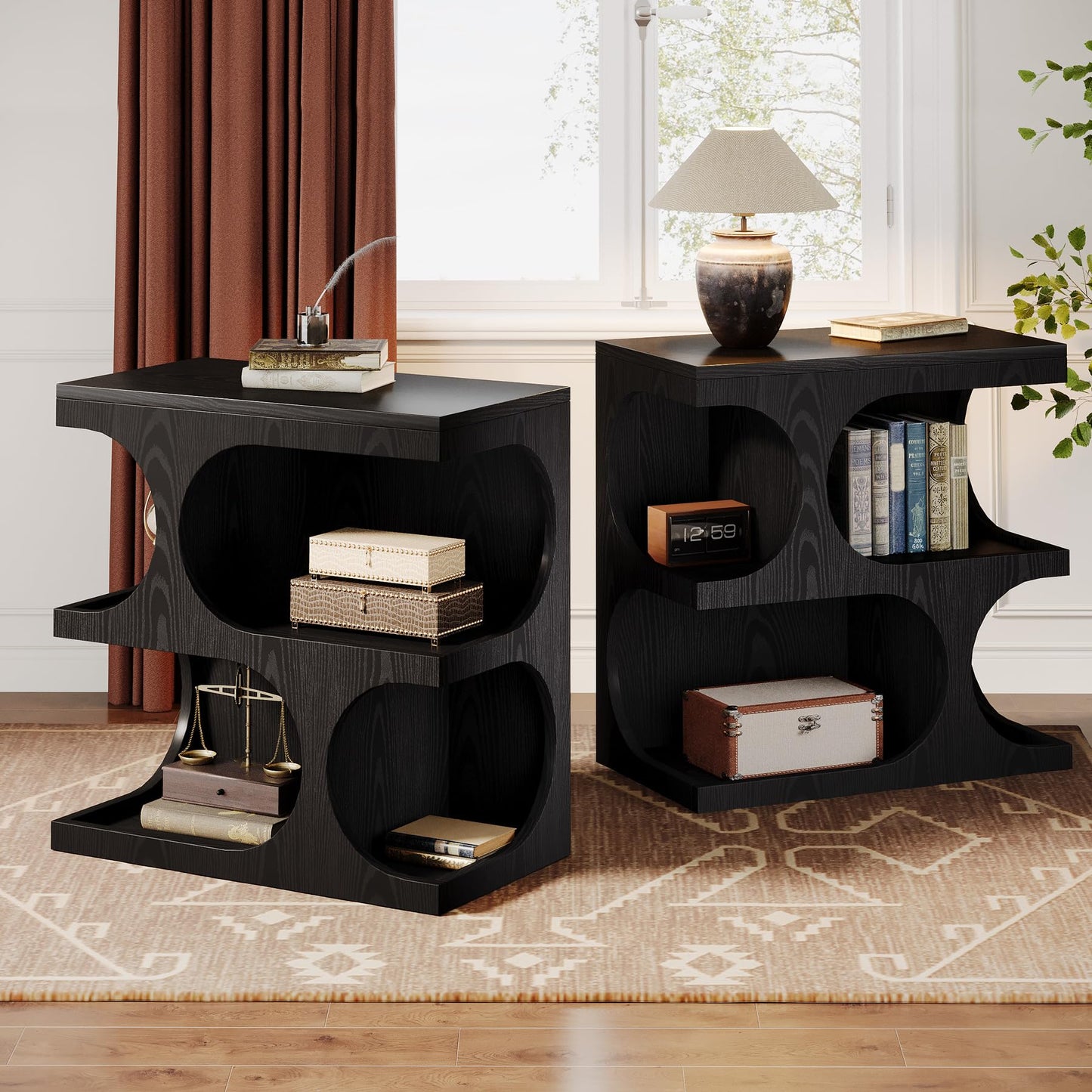 Tribesigns Black End Table for Living Room, Modern S-Shape Side Tables with 2-Tier Storage Shelf, Retro Bedside Nightstands for Bedroom, Easy Assembly