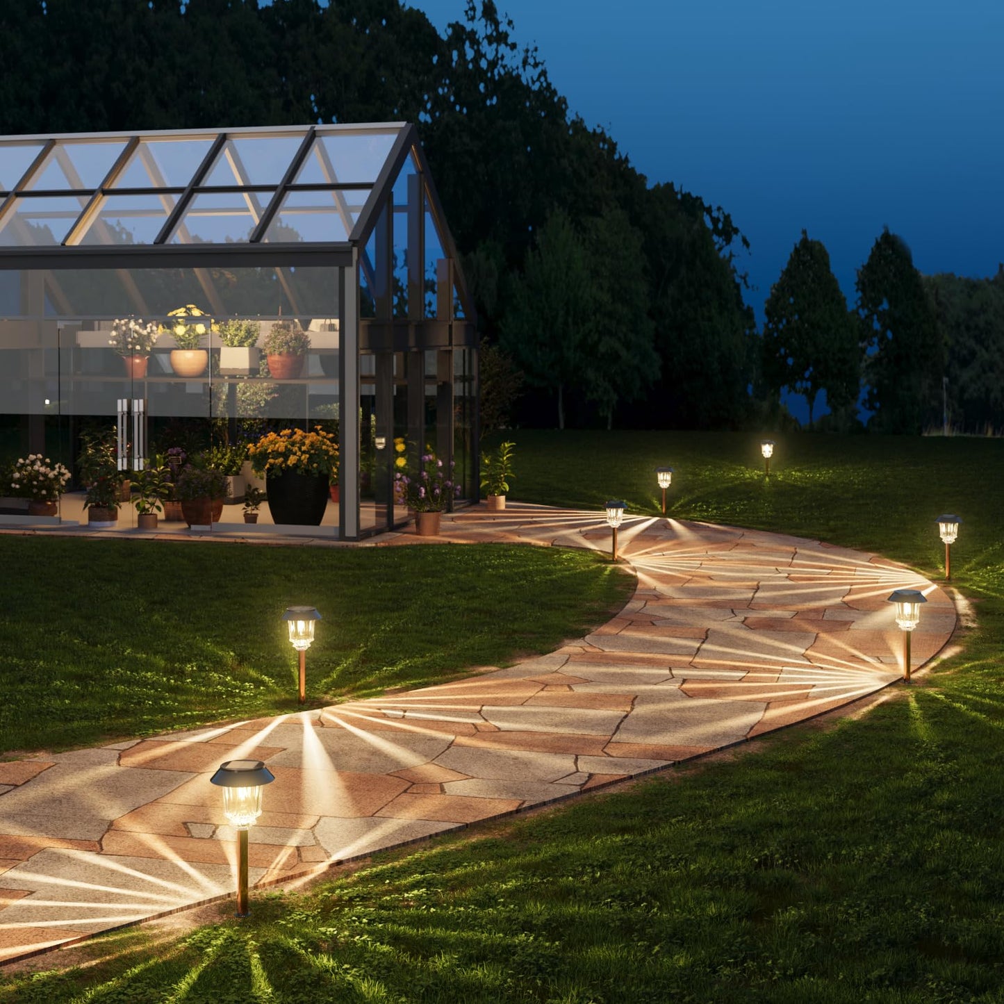 XMCOSY+ Solar Lights Outside Waterproof - 4 Pack Auto On/Off 10-40 LM Dimmable Outdoor Solar Lights for Yard Garden Pathway Driveway Walkway (Warm White)