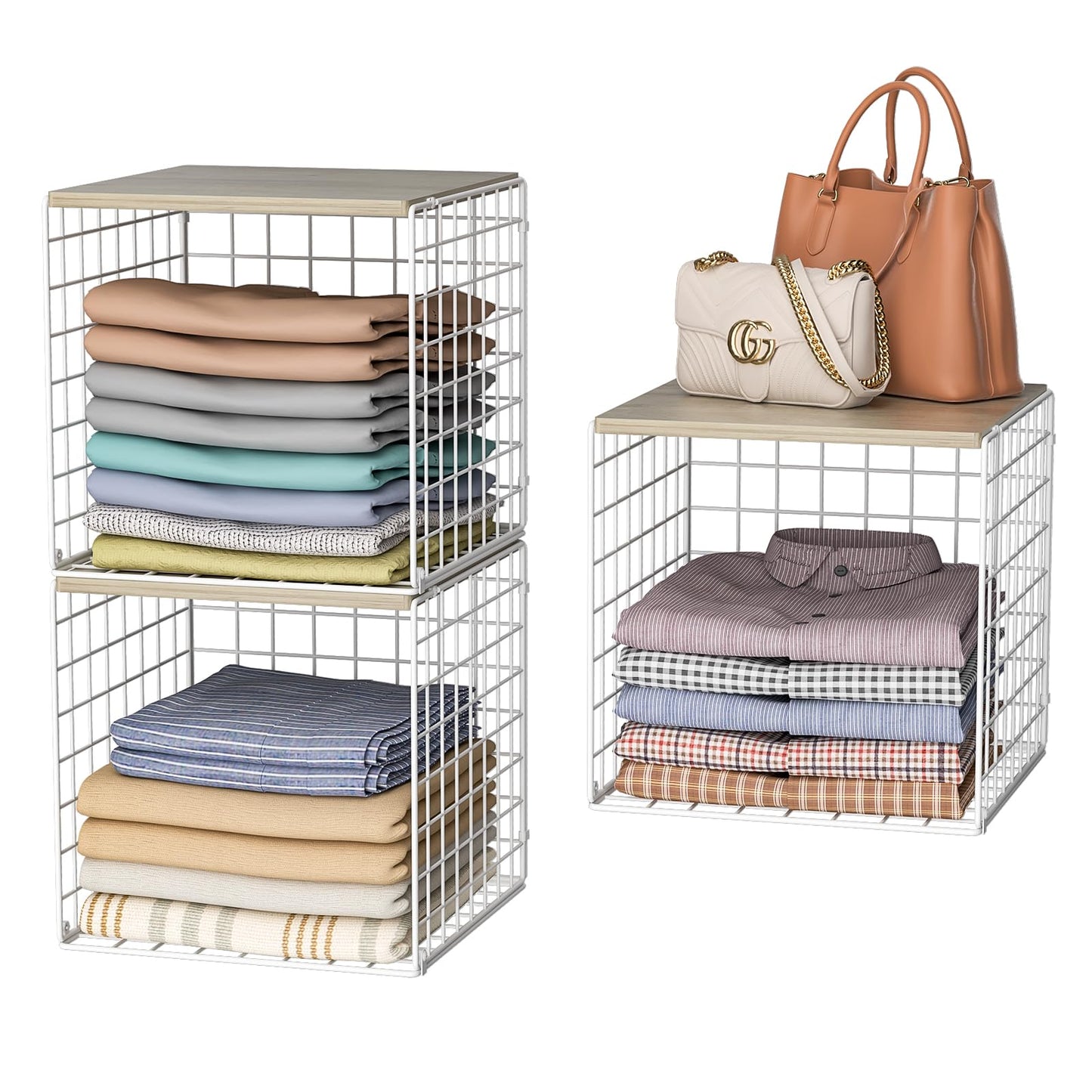 3PCS Stackable Closet Organizers and Storage, Closet Shelves with Wood Top Extra Storage, Clothes Storage Organizer Basket Bin/Cube for Home Wardrobe Organization(White-Sturdy Metal) Patent Pending