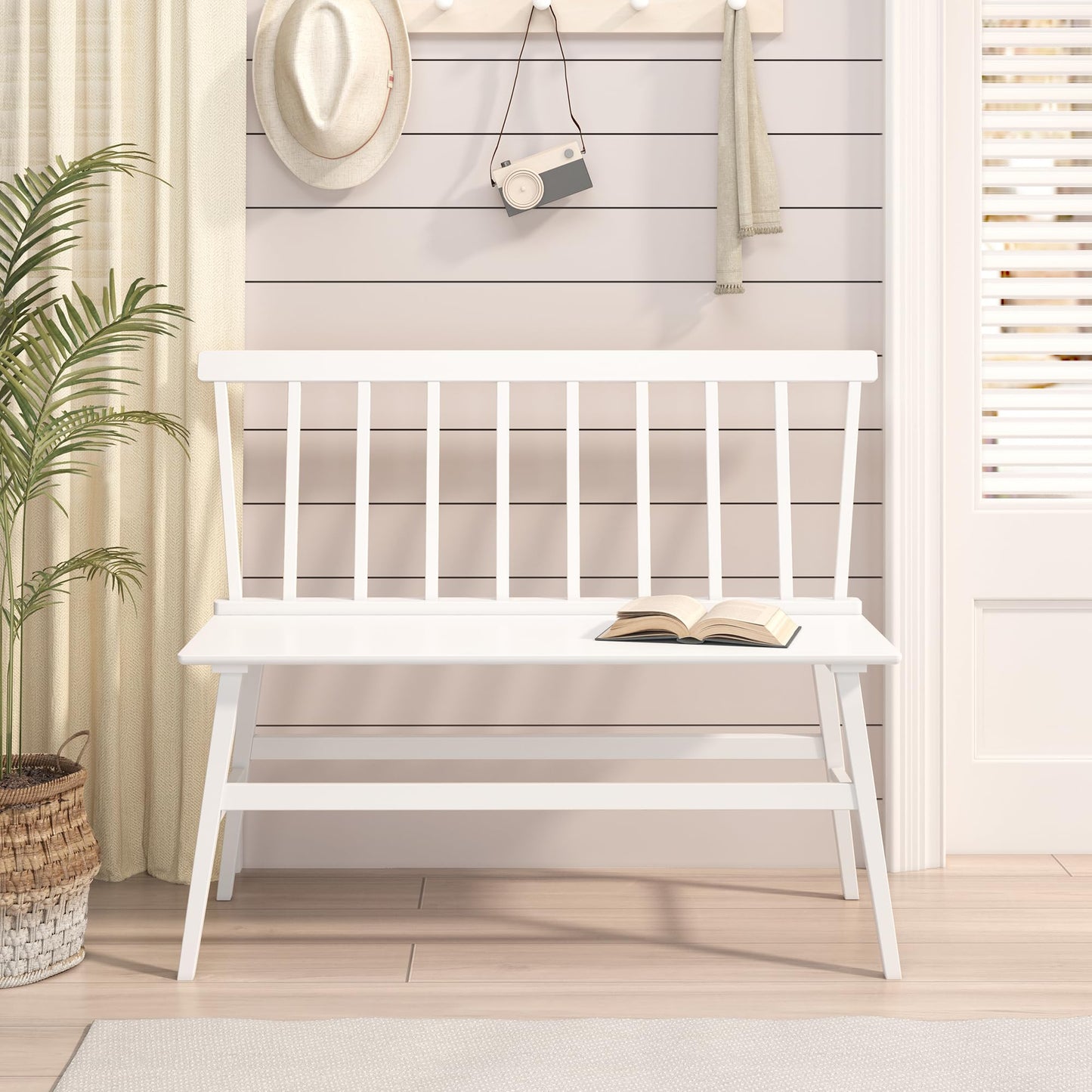 Wisuce Essentials Bamboo Dining Bench, Black Entryway Bench with Spindle Back Farmhouse Wood Windsor for Foyer Balcony Living Room (White)