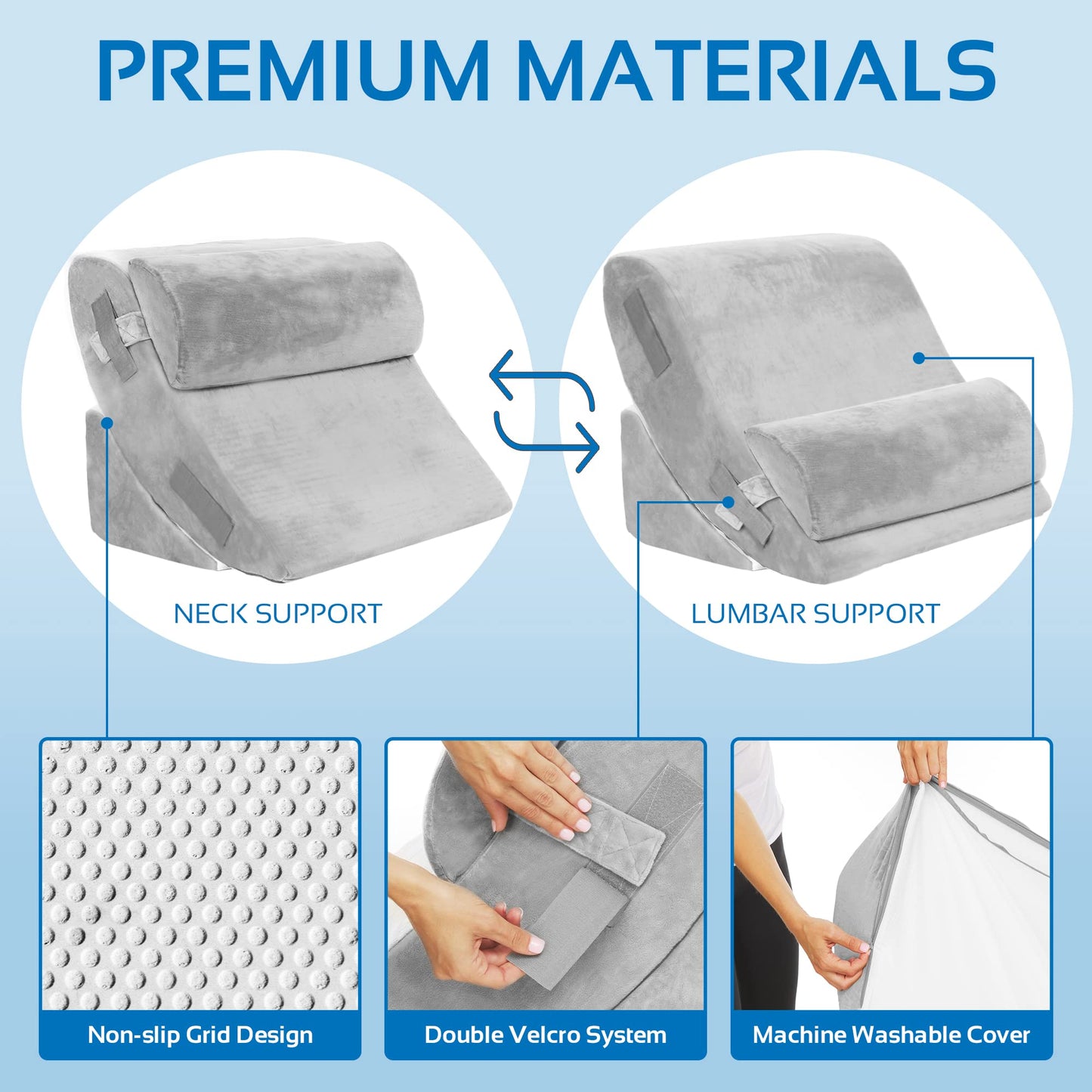 AllSett Health 4 PC Bed Wedge Pillows Set - Orthopedic Wedge Pillow for Sleeping with Memory Foam | Multi Angle Relief System for Back, Neck, Shoulder, and Leg - Machine Washable Cover