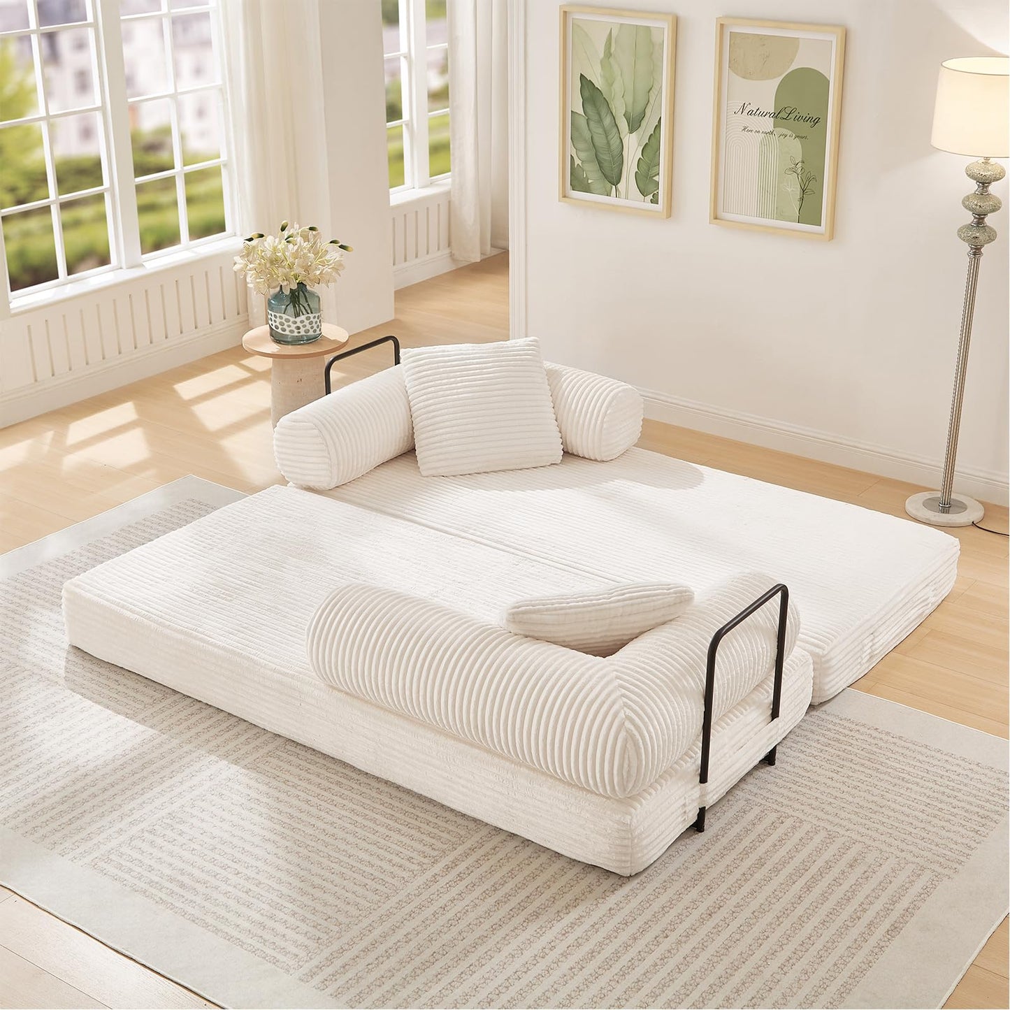 78.5"W Convertible Folding Sofa Bed, Corduroy Upholstered Queen Size Foam Floor Couch with Fixed-Shaped Frame, Loveseat Sleeper Compression Sofa Foldable Mattress for Living Room, Bedroom(Beige)