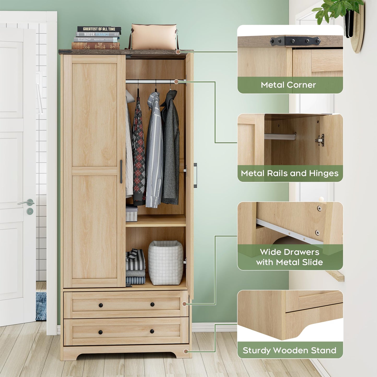 Yechen 71" Wooden Armoire Wardrobe Closet - Modern Functional Clothes Tall Storage Cabinet with Adjustable Shelf and Hanging Rail, Sturdy Freestanding Closet Wardrobe with 2 Wide Drawers (Natural)