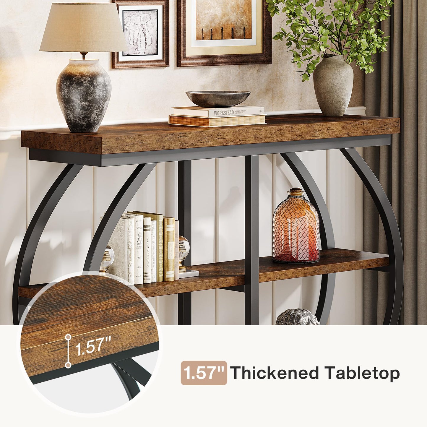 Tribesigns 41.3" Console Table, Industrial 3-Tier Entryway Table with Arched Metal Frame and Storage Shelves for Living Room, Hallway, Rustic Brown