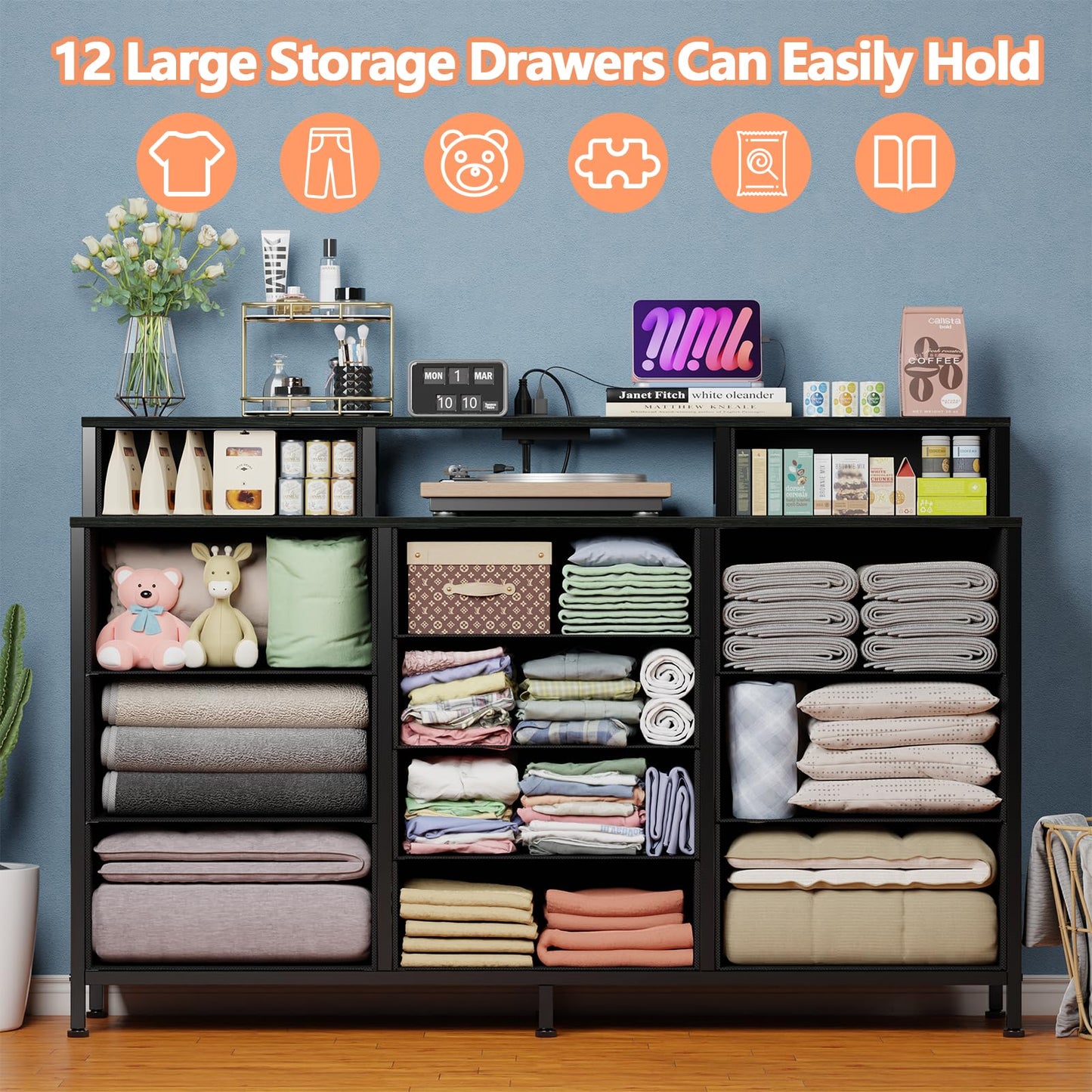 Furnulem 55" W Dresser for Bedroom with LED Lights and Power Outlets,Black Large 12 Storage Drawers Long Fabric Chests Dressers with 2 Shelves for Closet,Living Room,Entryway,Wooden Top,Metal Frame