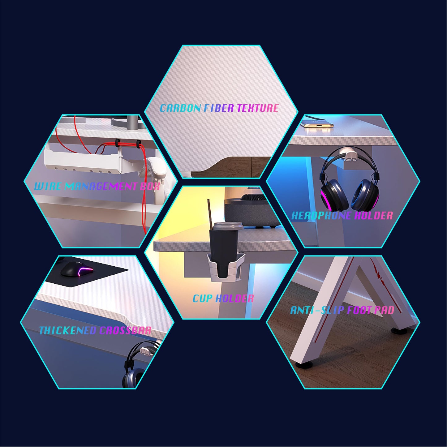 AZN Gaming Desk with 2 USB Charging Ports, Small Desk Gaming Table for Home Office, Computer Desk with Headphone Holder, Cup Holder, Cable Management Box (White, 55 Inch)