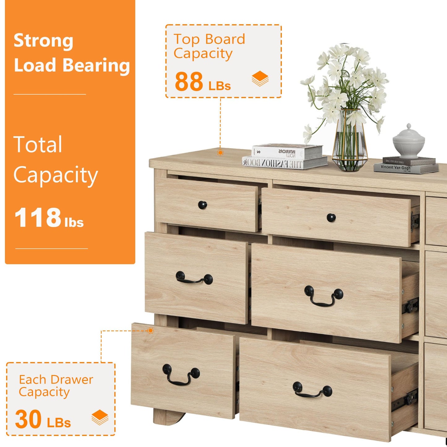 WAMPAT 9 Drawers Dresser for Bedroom, 53.5'' Wide Farmhouse Dresser TV Stand with Curved Edge Design and Wide Chests of Drawers,Storage Dressers Organizer Wood Dressers for Bedroom,Closet,Hallway,Oak