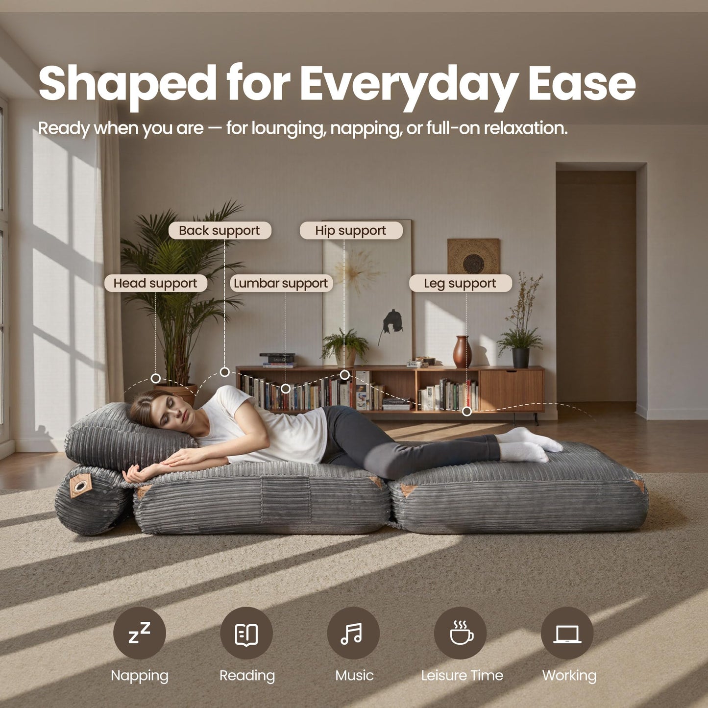 ovios Folding Sofa Bed, Convertible Sleeper Chair with Pillow Foldable Mattress with Back Support, Portable Fold Out Comfy Floor Lounge for Living Room Bedroom, Grey