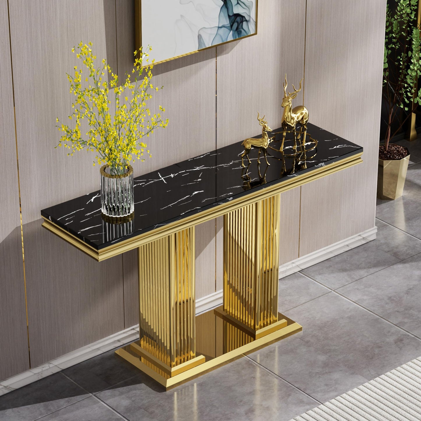 47" Rectangular Marble Console Table Luxury Black Faux Marble Entryway Table with Gold Column-Shape Stainless Steel Base Modern Narrow Sofa Hallway Tab for Living Room Entrance