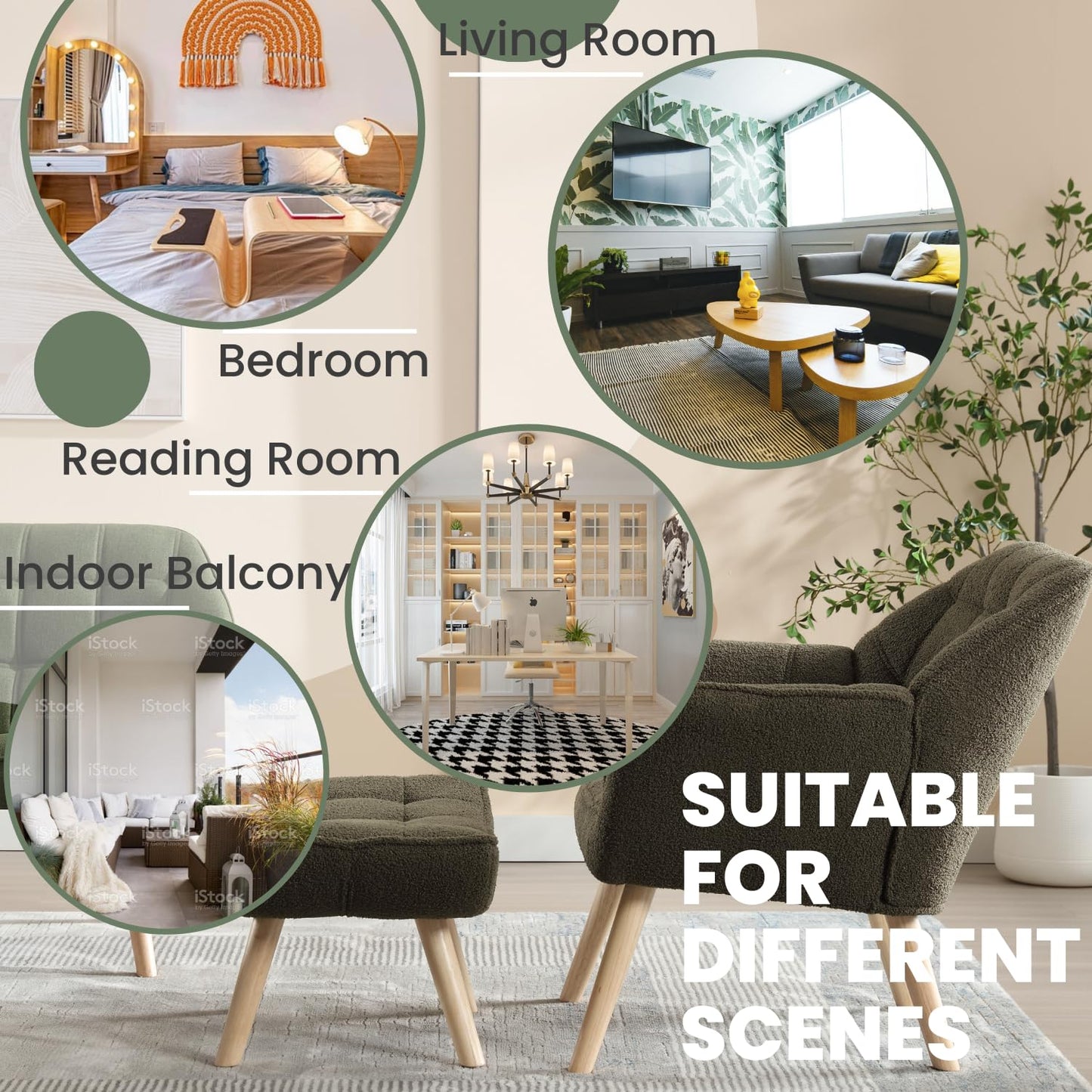 ZH4YOU Sherpa Accent Reading Chair with Ottoman, Modern Fuzzy Chair with Ottoman Upholstered Armchair with Wood Legs Comfy Lounge Chair for Small Spaces Living Room Bedroom Book Nook, Green